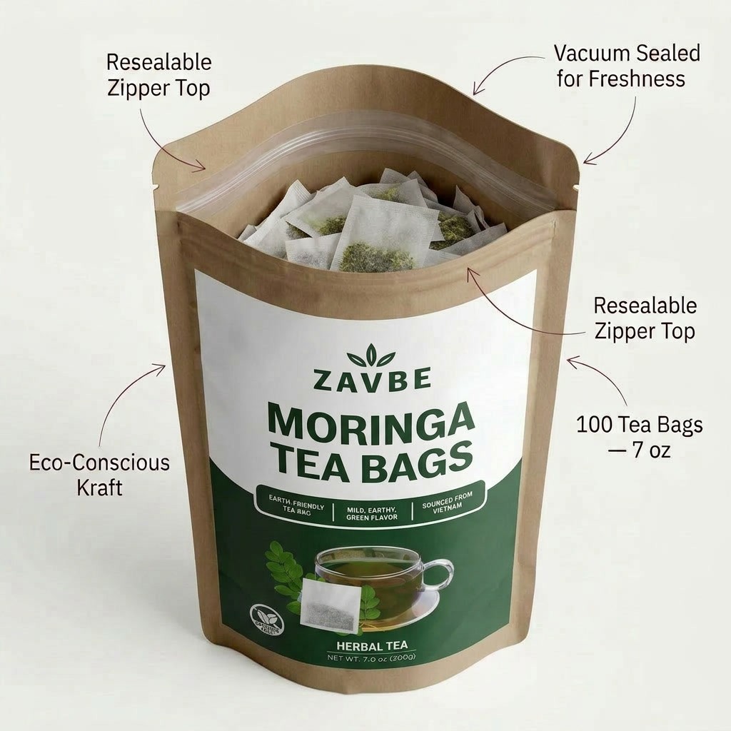 100 Moringa Tea Bags – Pure Moringa Herbal Tea | Caffeine-Free Non-GMO – ZAVBE
