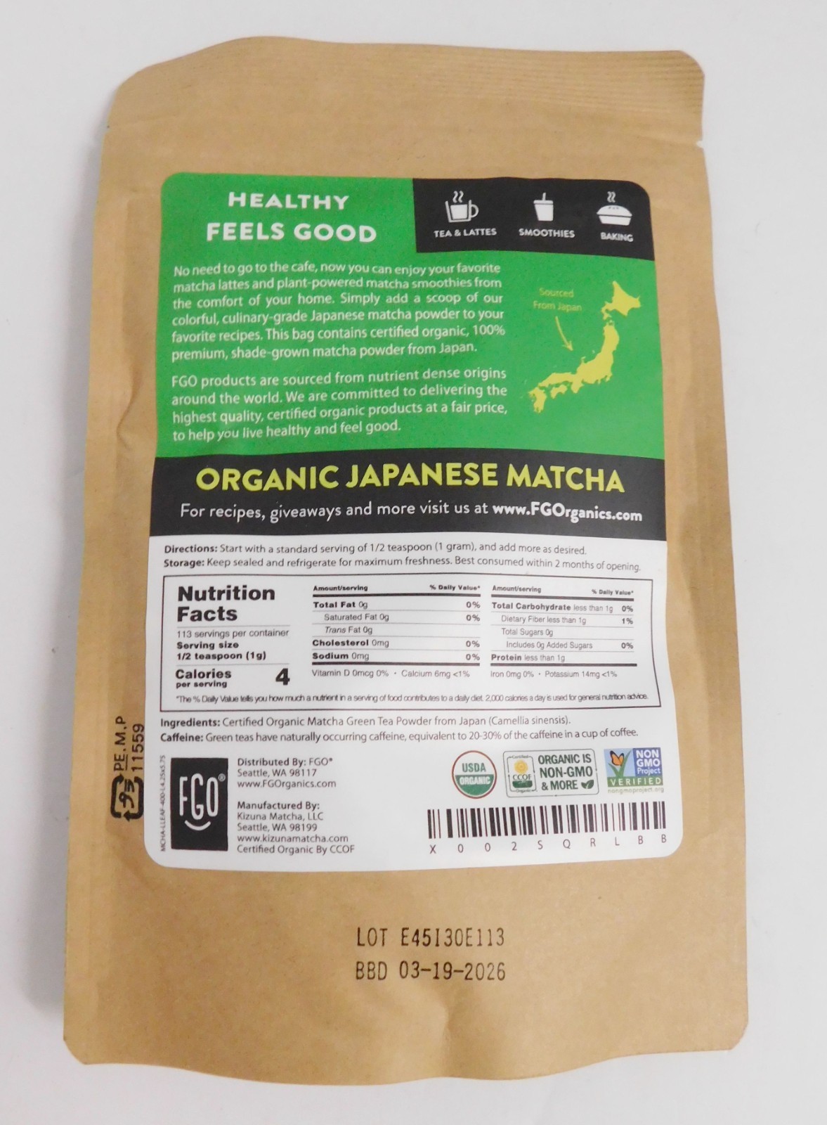 FGO Organic Matcha Green Tea Powder, Japanese Culinary 4 Oz (Pack of 1) SEALED