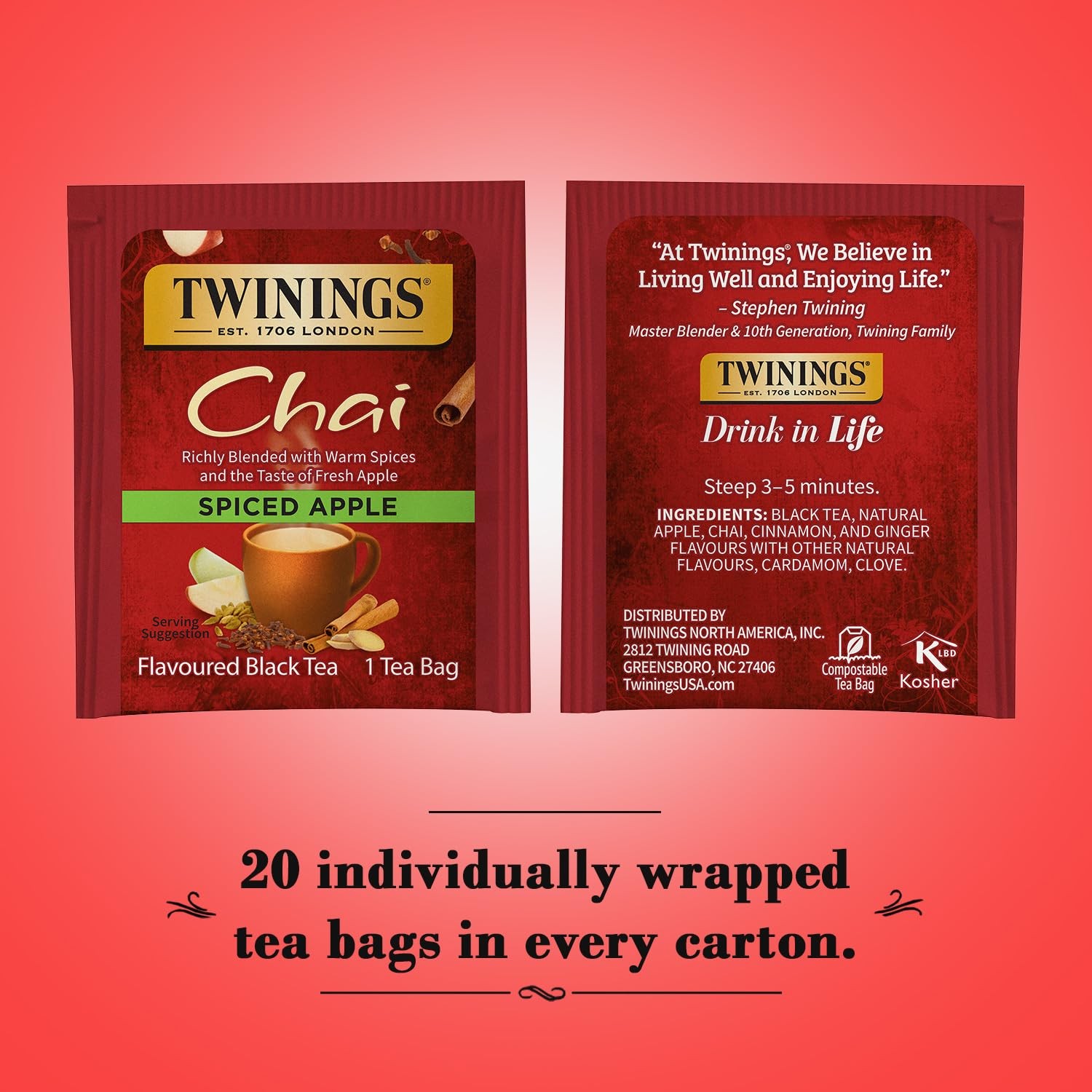 Twinings Aromatic Apple Chai Black Tea 20 Count Individually Sealed Bags
