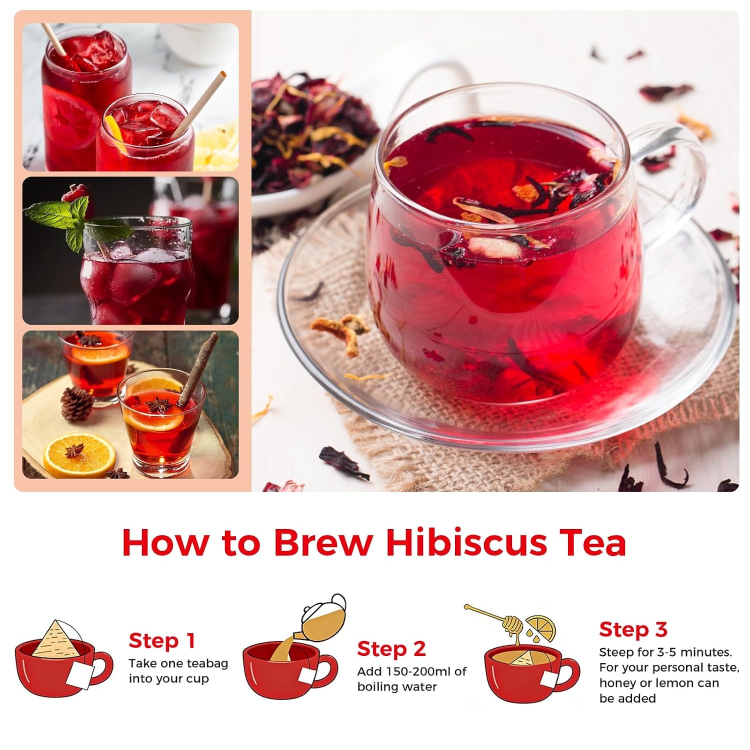 50 Premium 100% Pure Organic Hibiscus Tea Bags Natural Herbal Tea