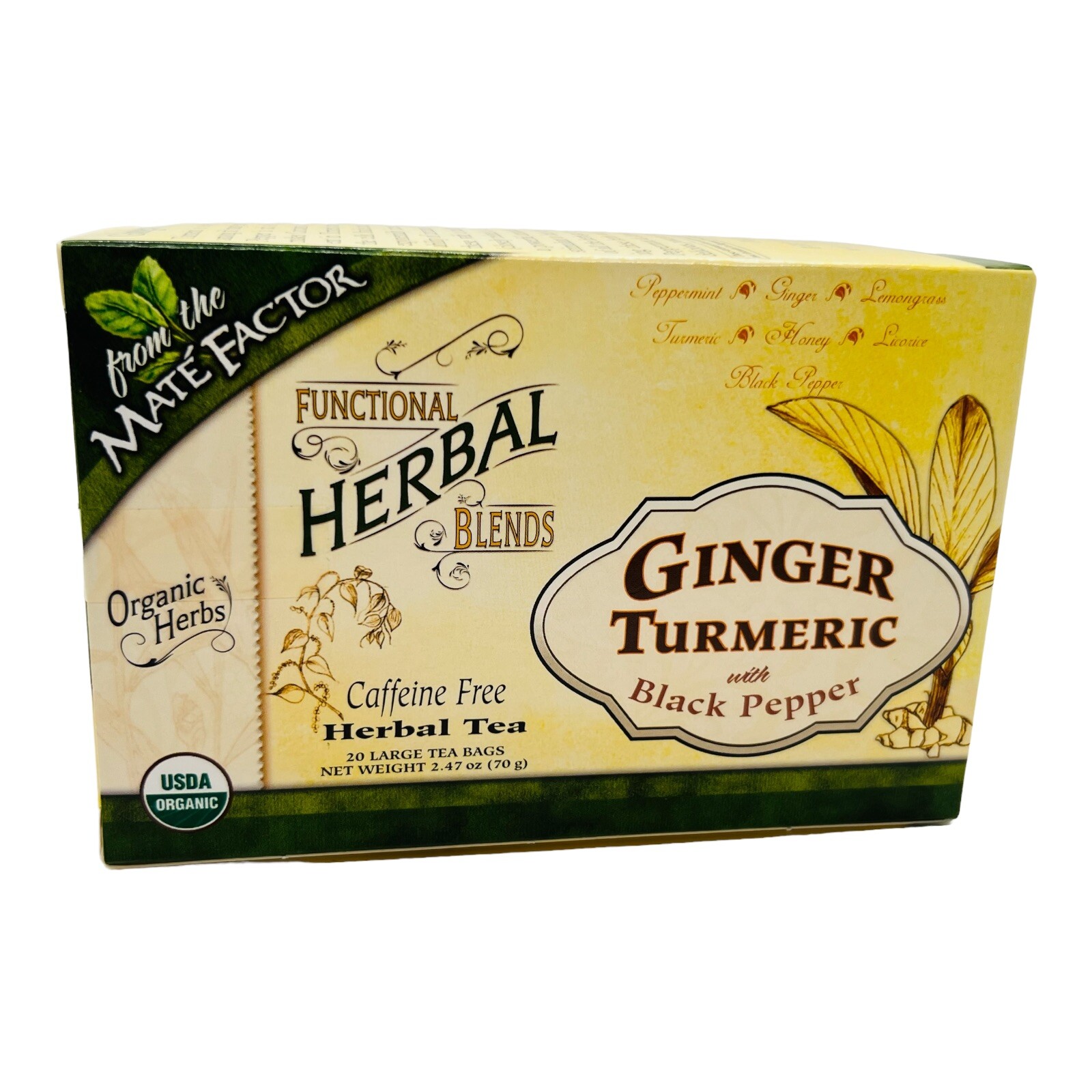 Mate Factor Herbal Tea Ginger & Turmeric with Black Pepper Blend 20 Bags 05/25