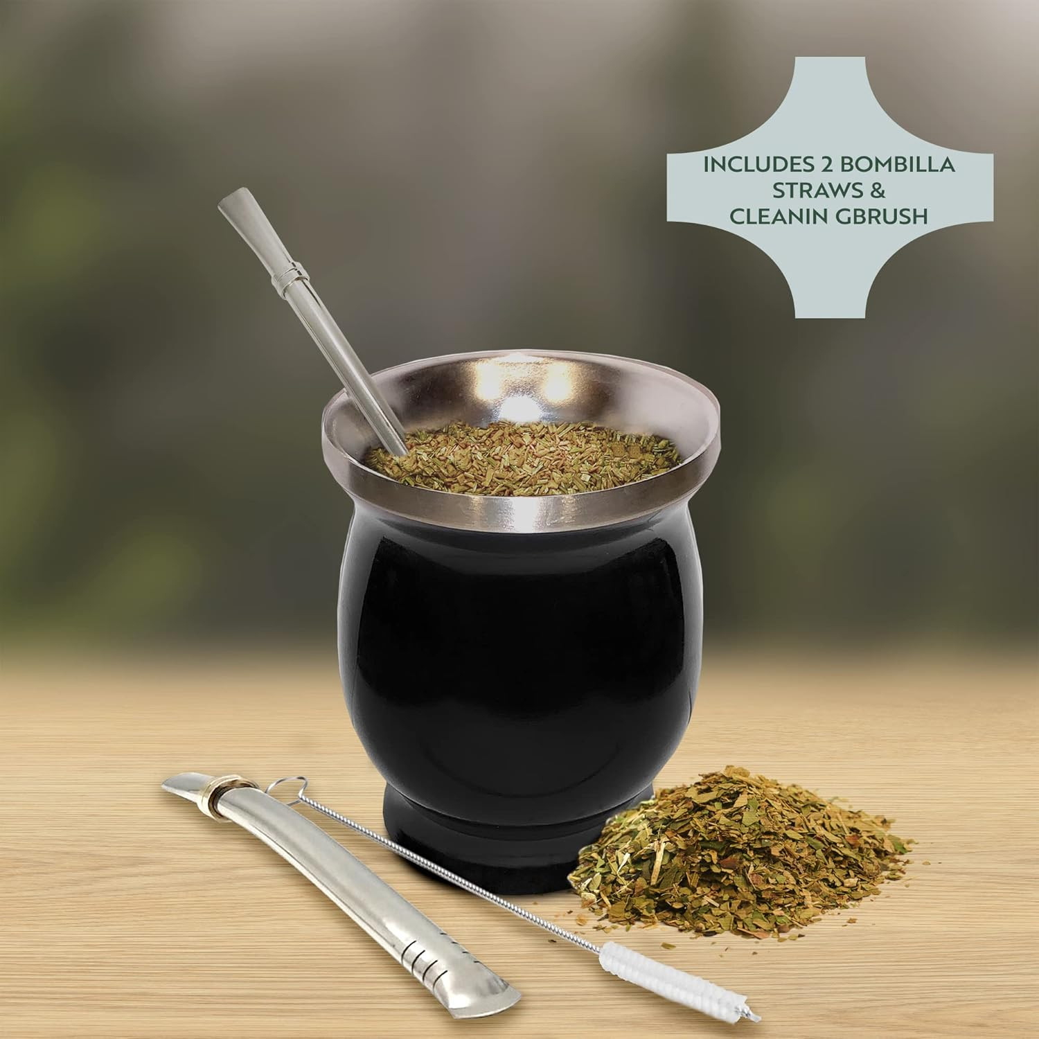 8 oz Yerba Mate Cup Kit Stainless Steel Gourd Set with 2 Bombillas Black