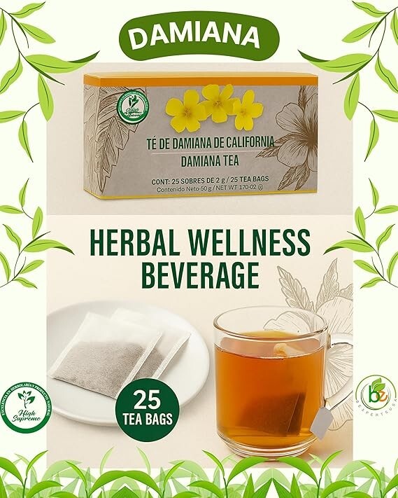 Damiana Herbal Tea – 100% Turnera diffusa – 25 Tea Bags – Natural Caffeine-Free