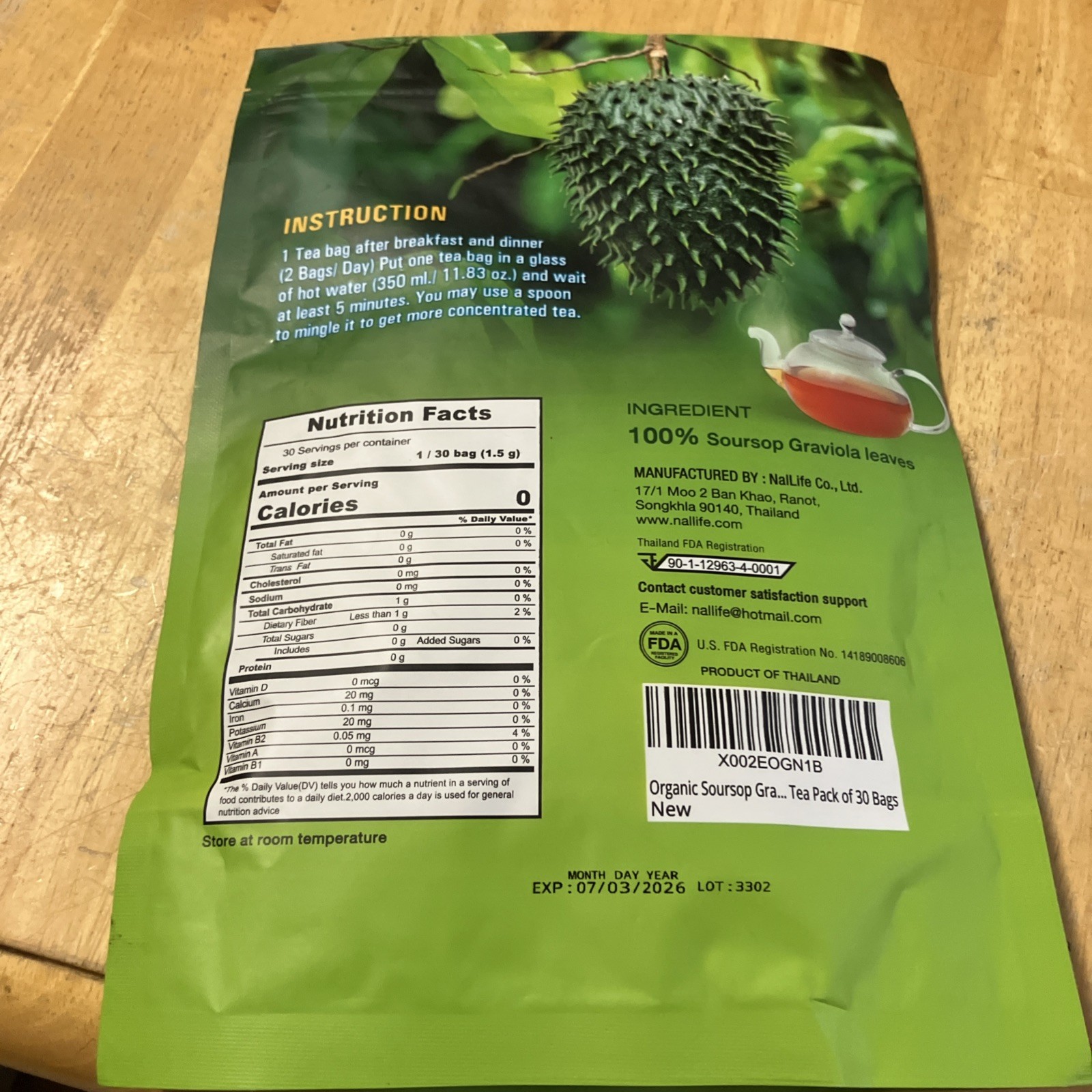 NalLife Organic Soursop Graviola Leaves Tea 30 Bags 7/3/2026 Caffeine Free