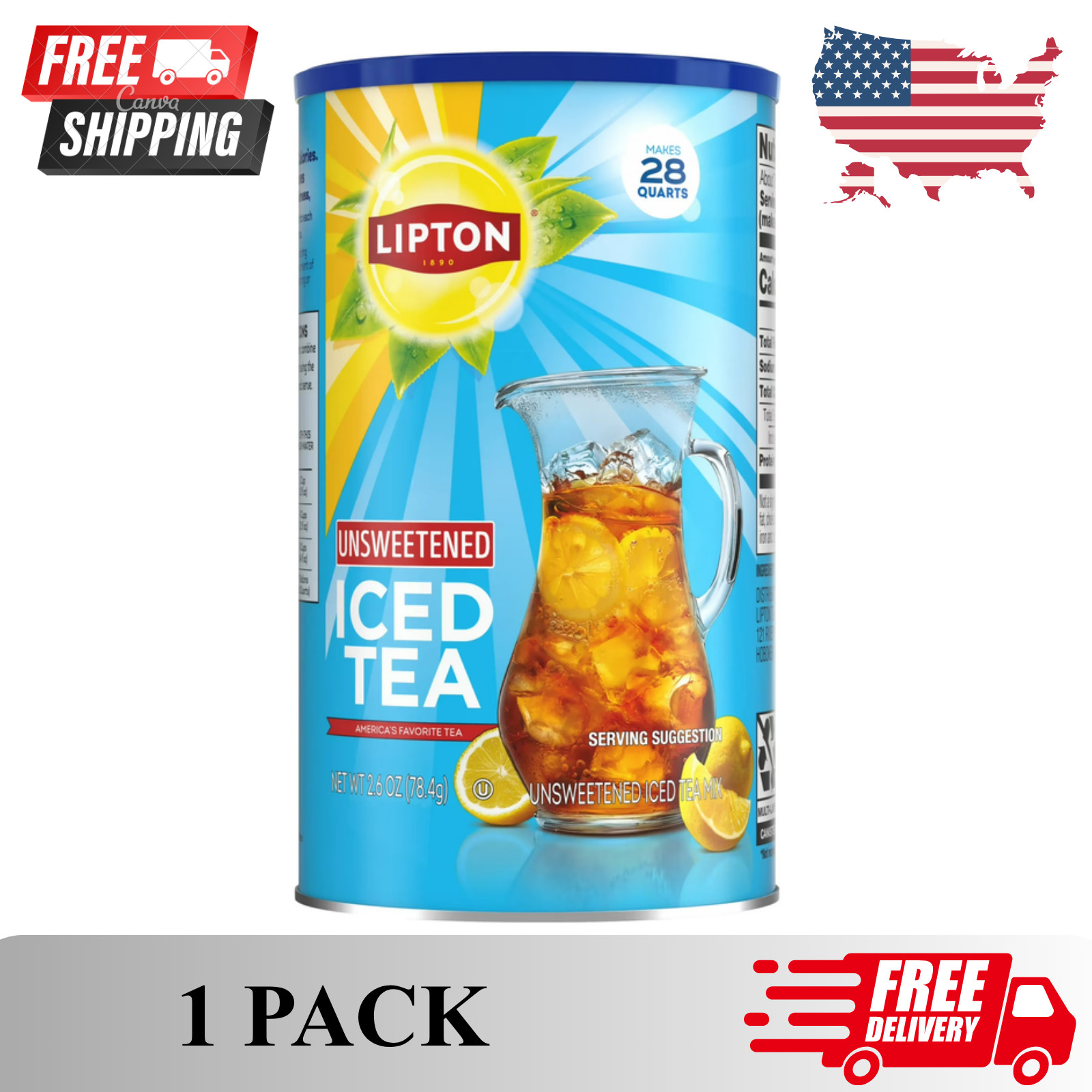 Lipton Unsweetened Black Tea Iced Tea Mix, 28 Quarts (Pack of 1) FREE FAST SHIP