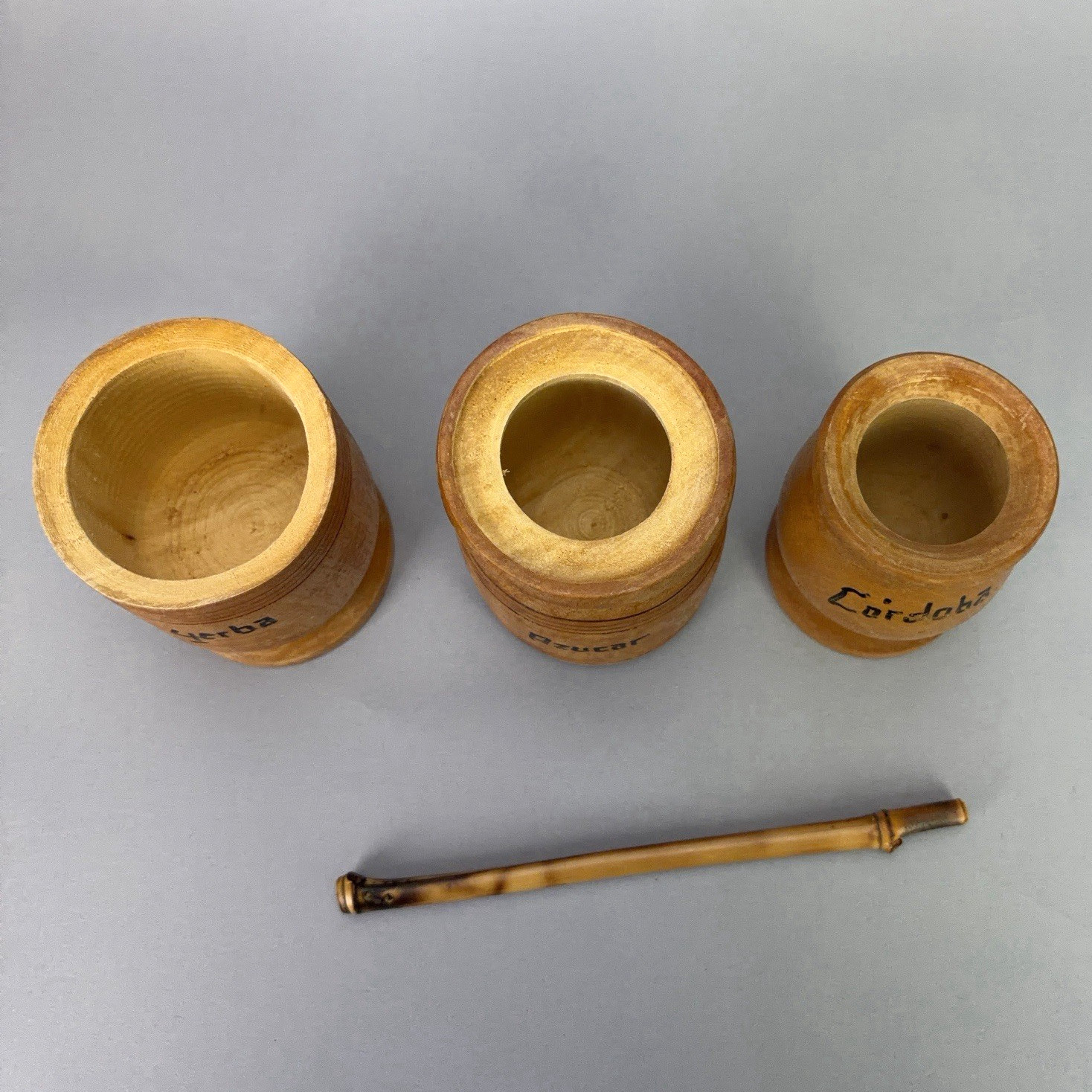 Handmade Wooden Argentinian Yerba Mate Gourd Cup Sugar & Bombilla Straw Set