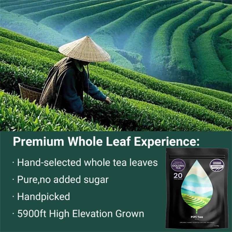 PiPi Tea Organic Oolong Tea Bags – Whole Leaf, 20 Bags (4g Each) – Cortisol & Ca
