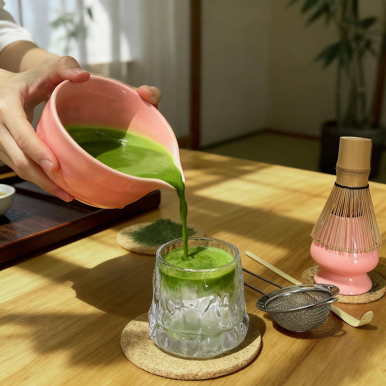 Matcha Whisk Set Cute 18 oz Matcha Bowl Kit 5 pcs Great for Tea Lover Pink