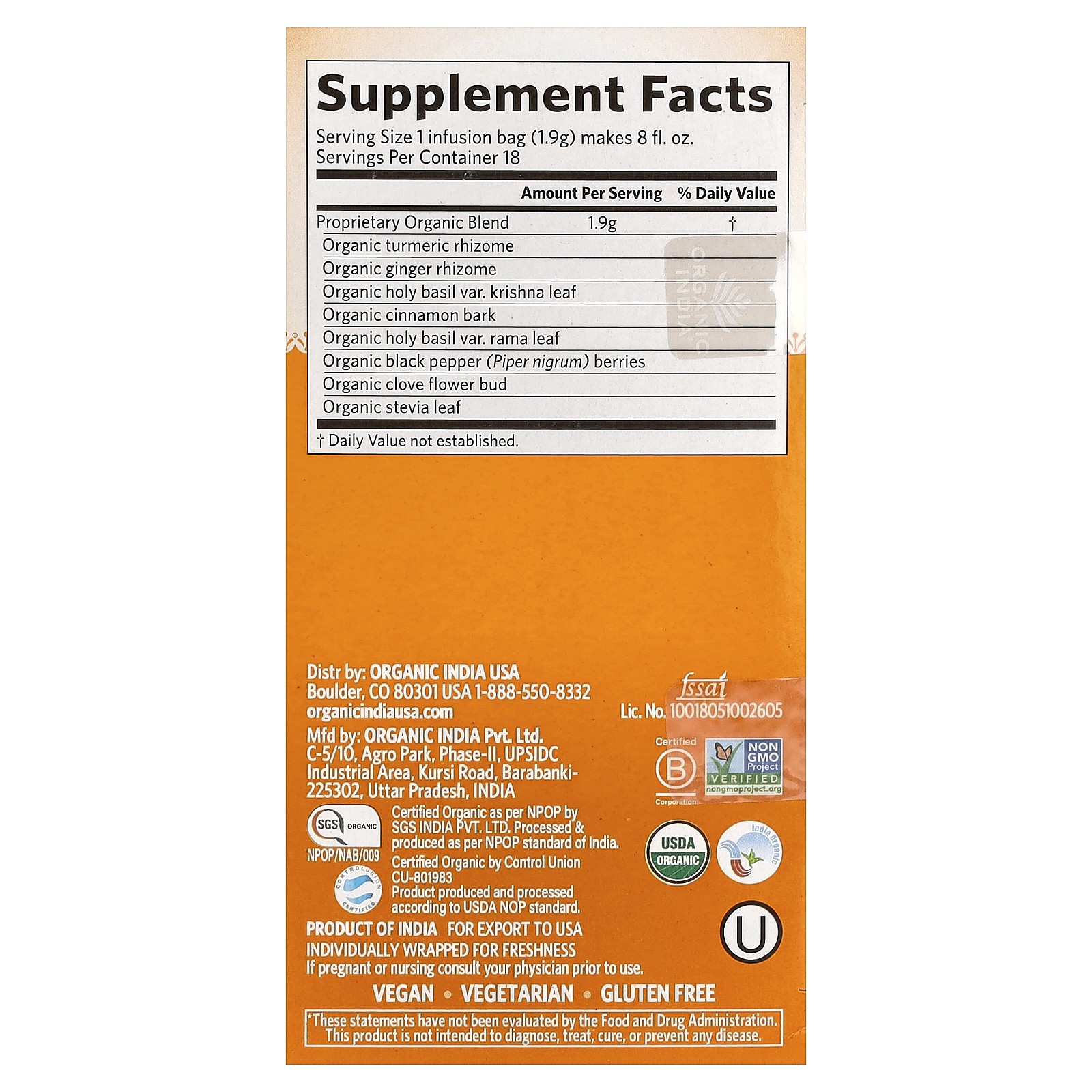 Tulsi Tea, Turmeric Ginger, Caffeine-Free, 18 Infusion Bags, 1.2 oz (34.2 g)