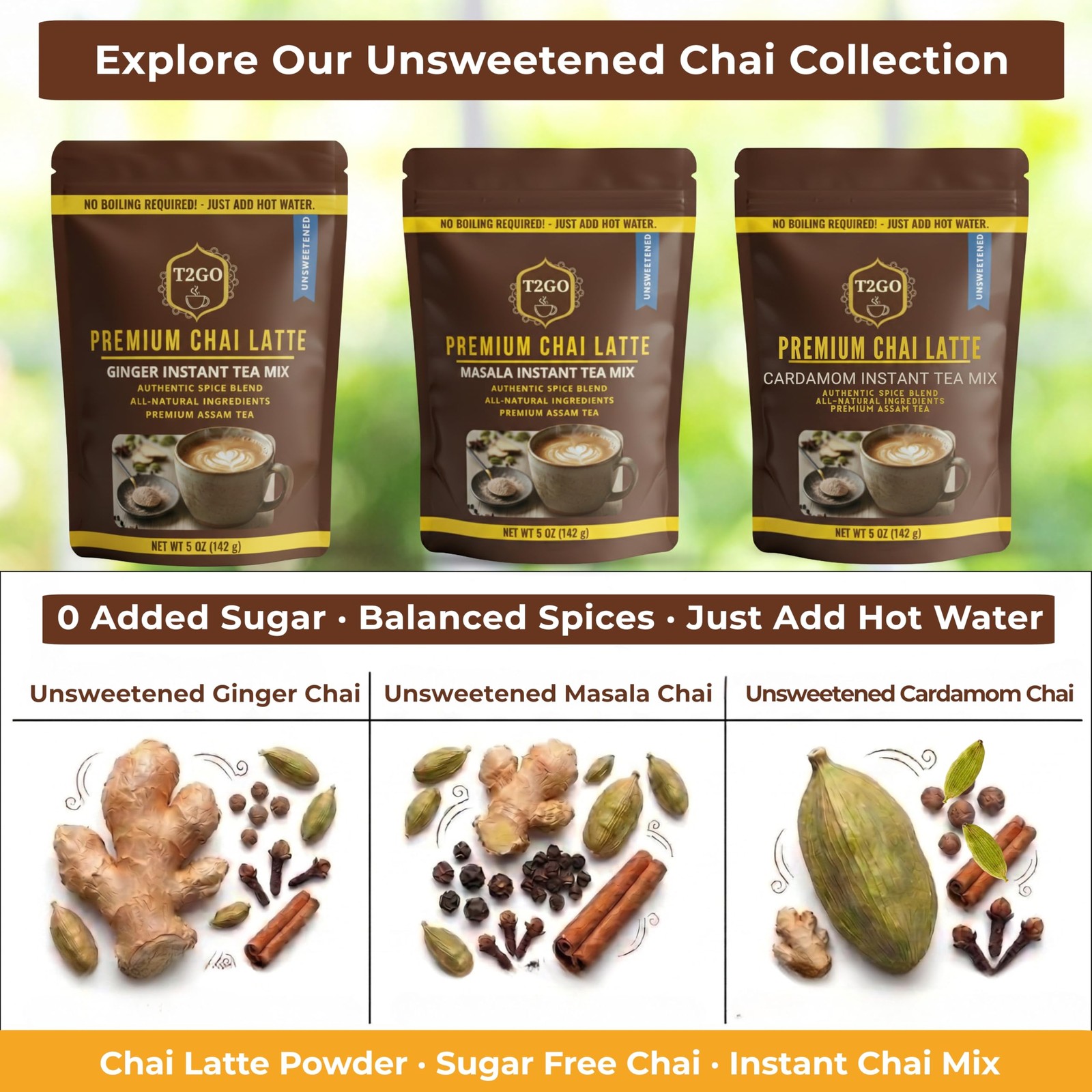 T2GO Unsweetened Cardamom Chai Latte Powder – 45 Calorie Instant Masala Chai …