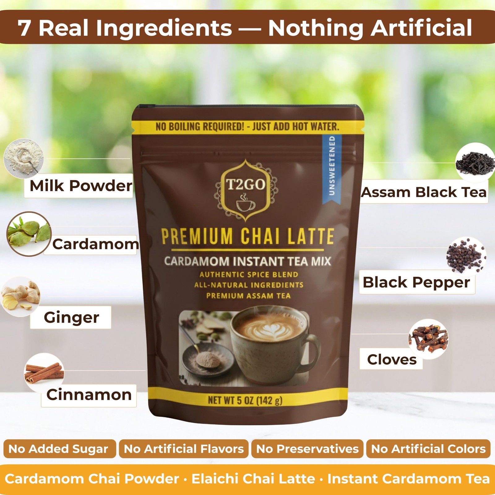 T2GO Unsweetened Cardamom Chai Latte Powder – 45 Calorie Instant Masala Chai …