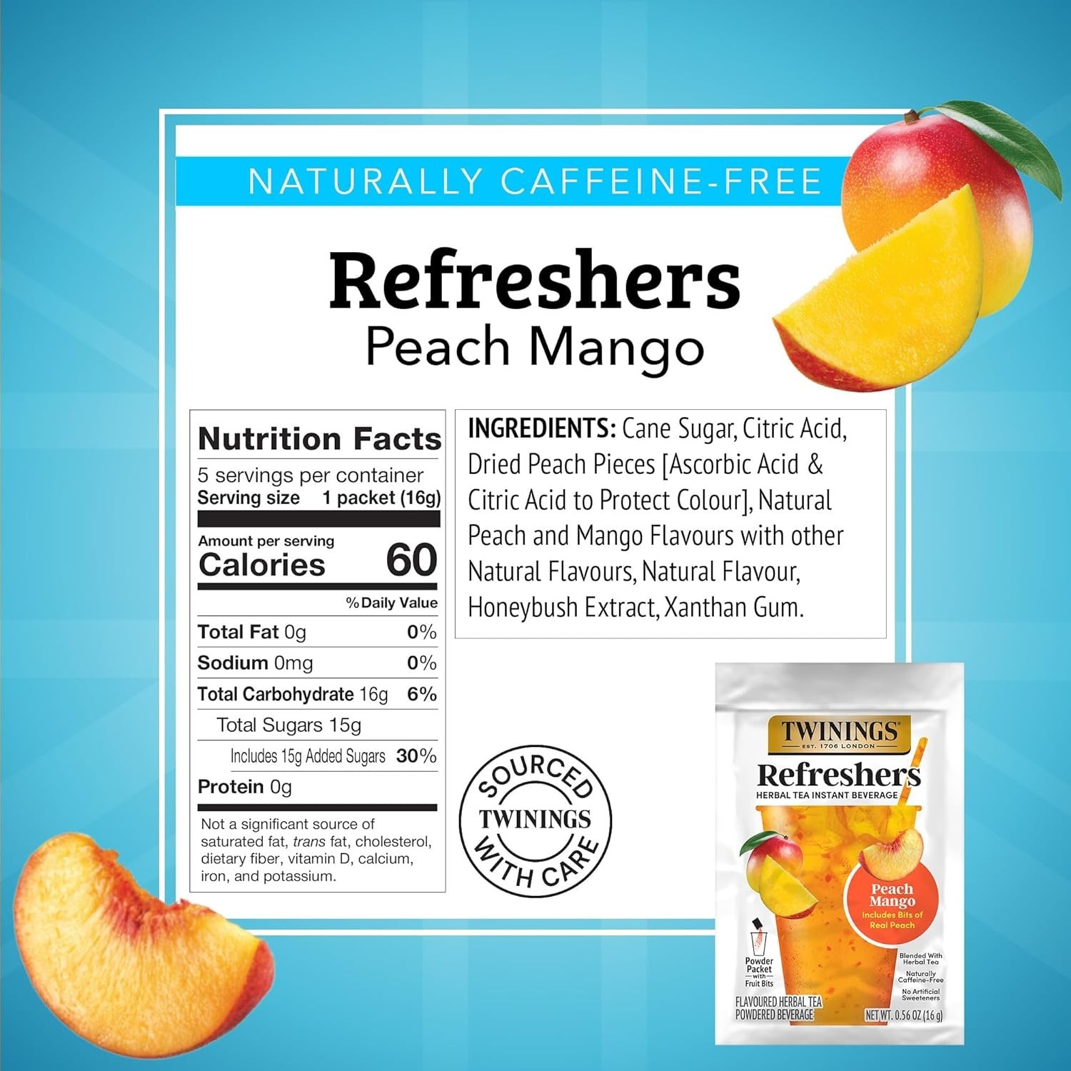 NEW Twinings Peach Mango Refreshers, Herbal Tea Instant Beverage 5 Count (Pack 6
