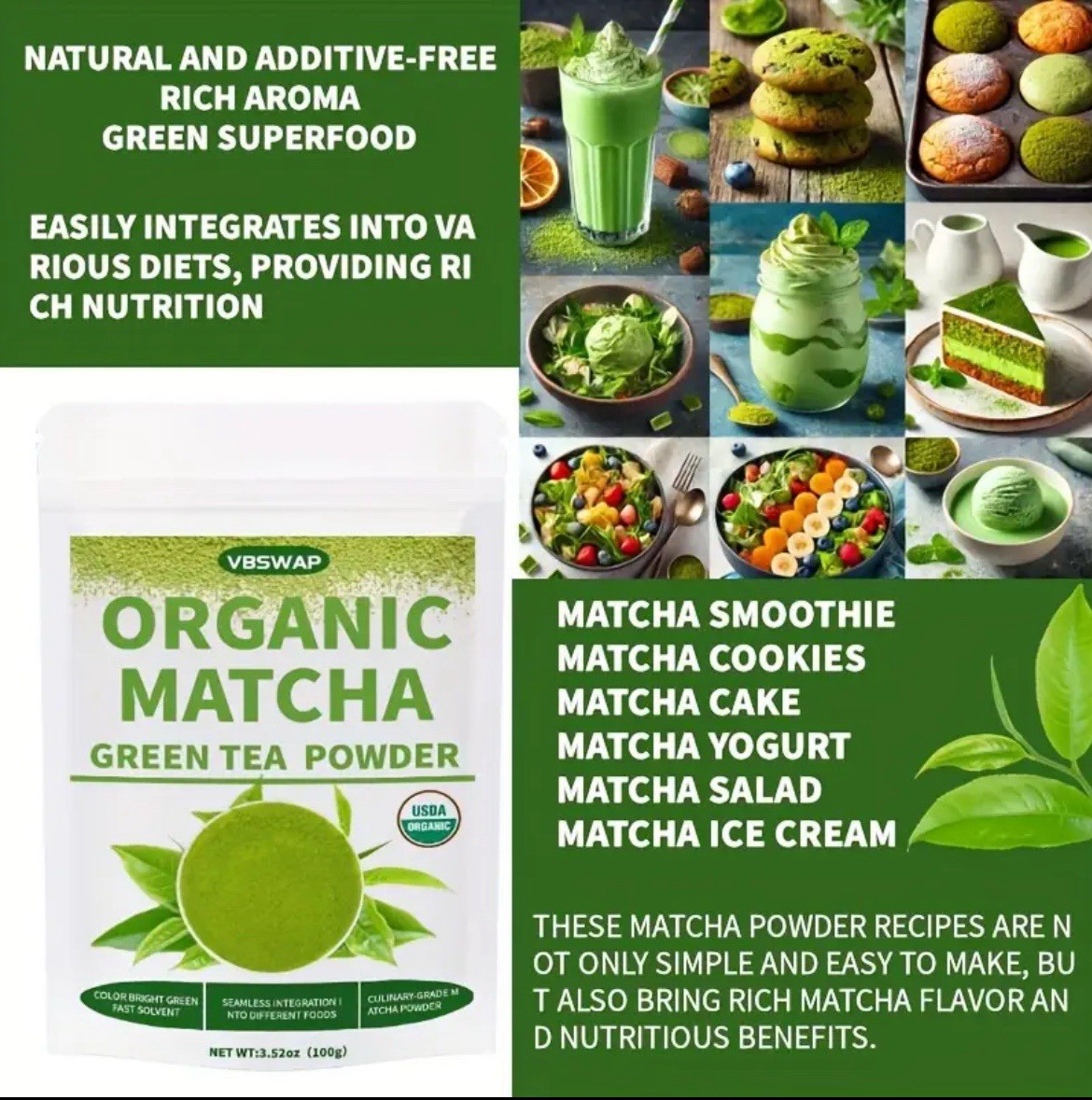 VBSWAP Organic Matcha Green Tea Powder 100g 3.5oz Pure Culinary Grade Latte Keto
