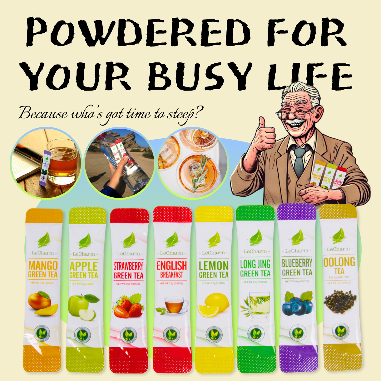 LeCharm 8-Flavor Tea Powder Mix – 100% Natural Herbal Black Green Fruit Tea Pack