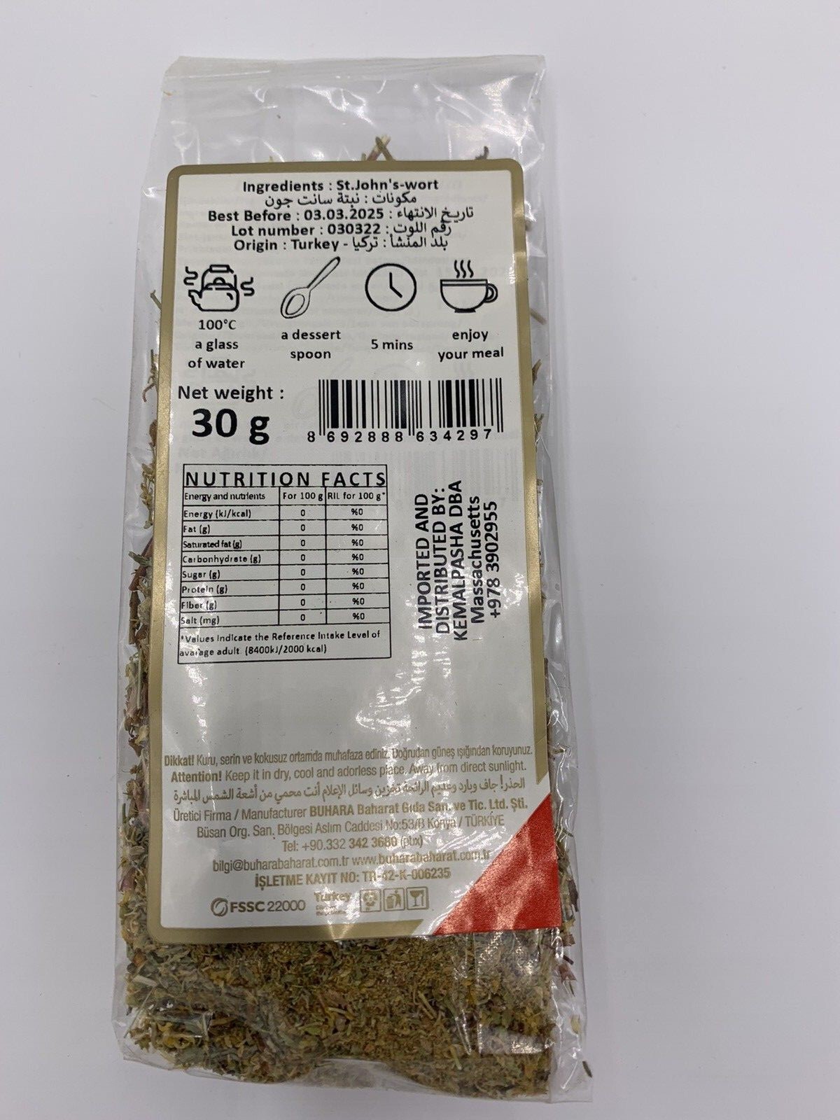St. John’s Wort Herbal Tea,100 organic, wild harvested flowers from Turkey 
