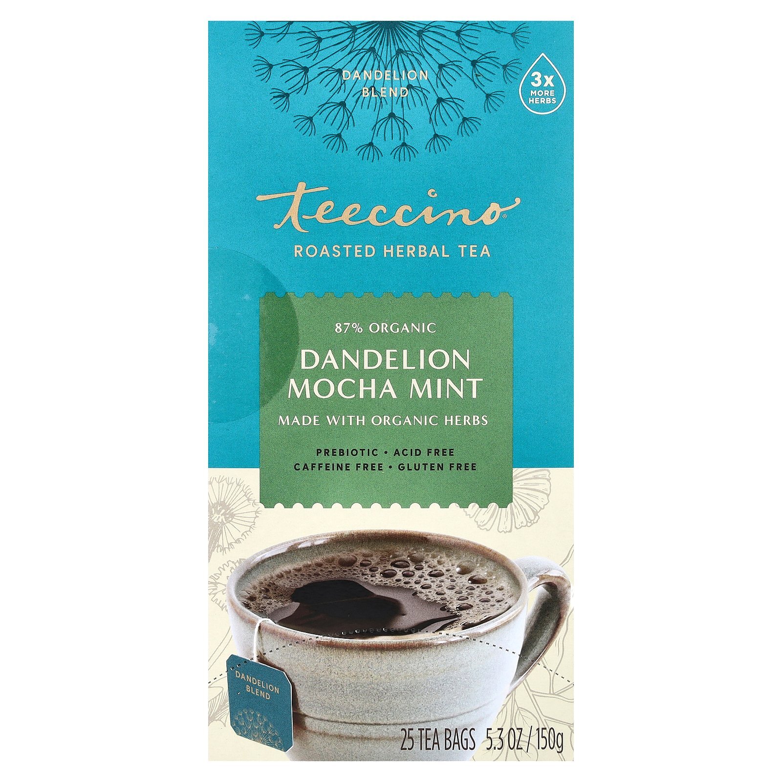 Roasted Herbal Tea, Dandelion Mocha Mint, Caffeine Free, 25 Tea Bags, 5.3 oz