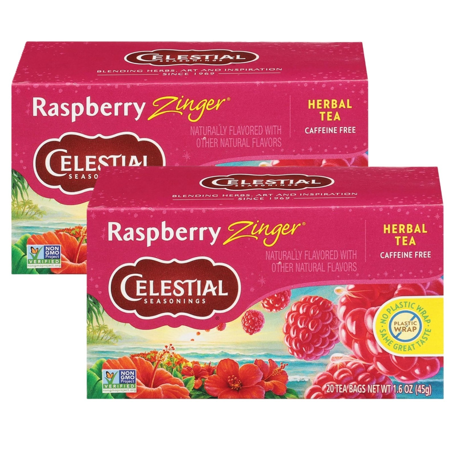 Celestial Seasonings Raspberry Zinger Herbal Tea Caffeine-Free 20 Bags (2 Boxes)