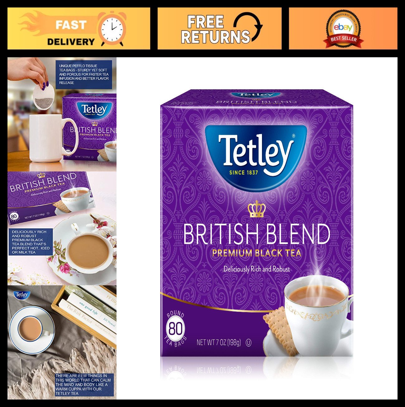 Premium British Black Tea Bags, Regular Strength, 80 Count, Pack of 12