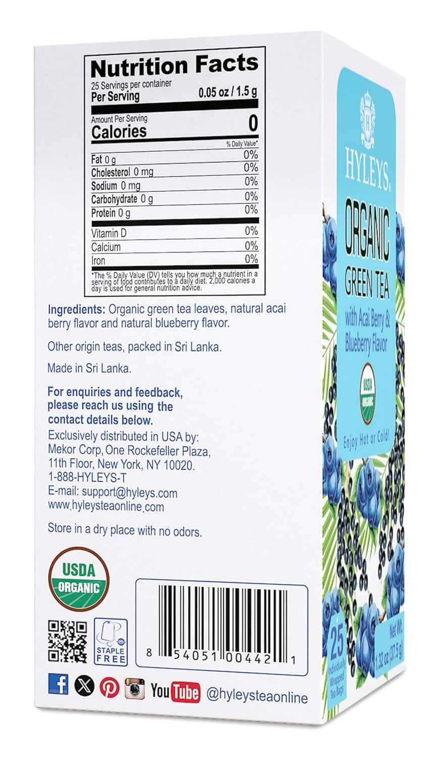 Hyleys Organic Green Tea Acai Berry and Blueberry Flavor – 25 Tea Bags