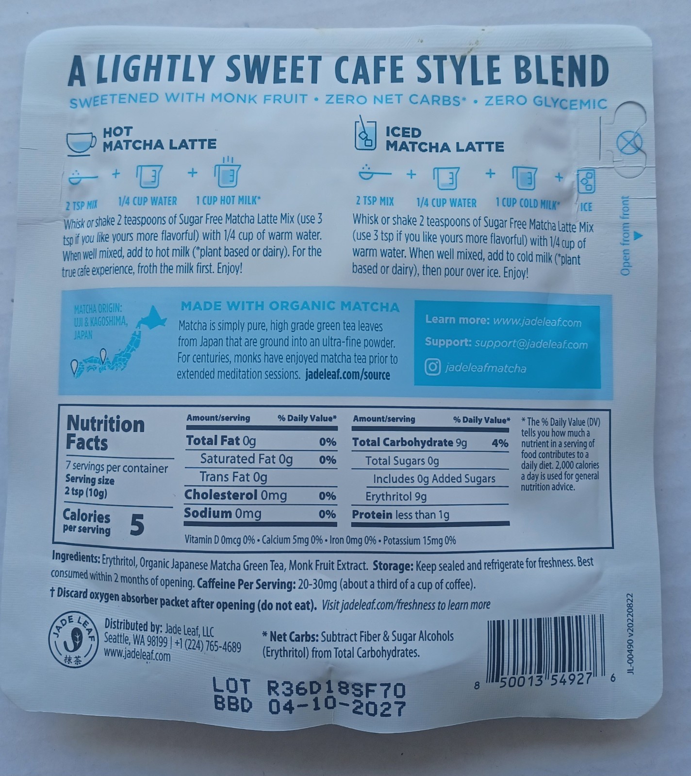 4 x Jade Leaf Sugar Free Café Style Latte Mix Organic Matcha Powered Tea BB 4/27