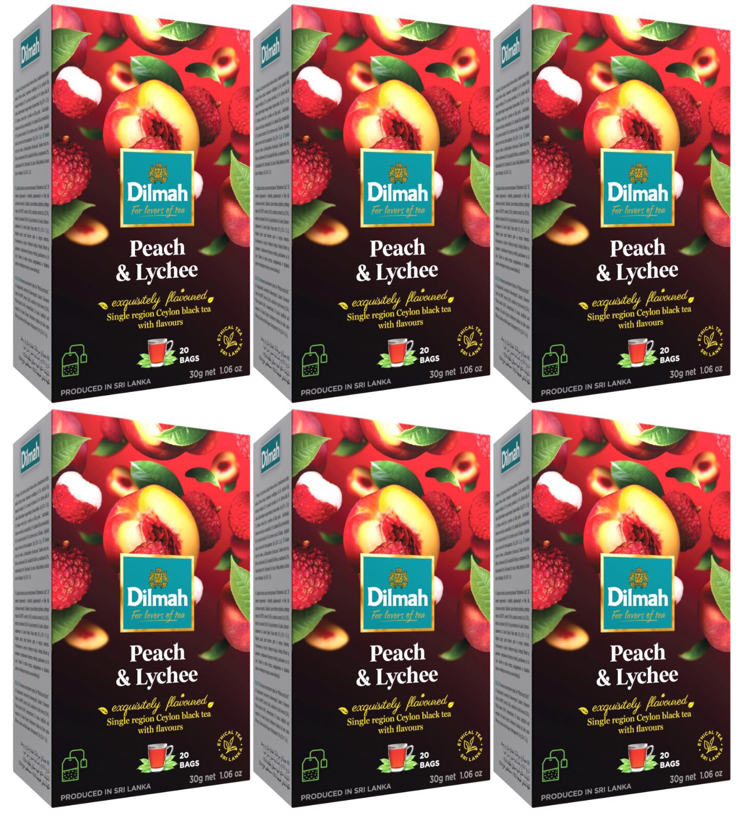 6 DILMAH PEACH & LYCHEE Flavor Ceylon Black Tea Boxes (120 servings total)