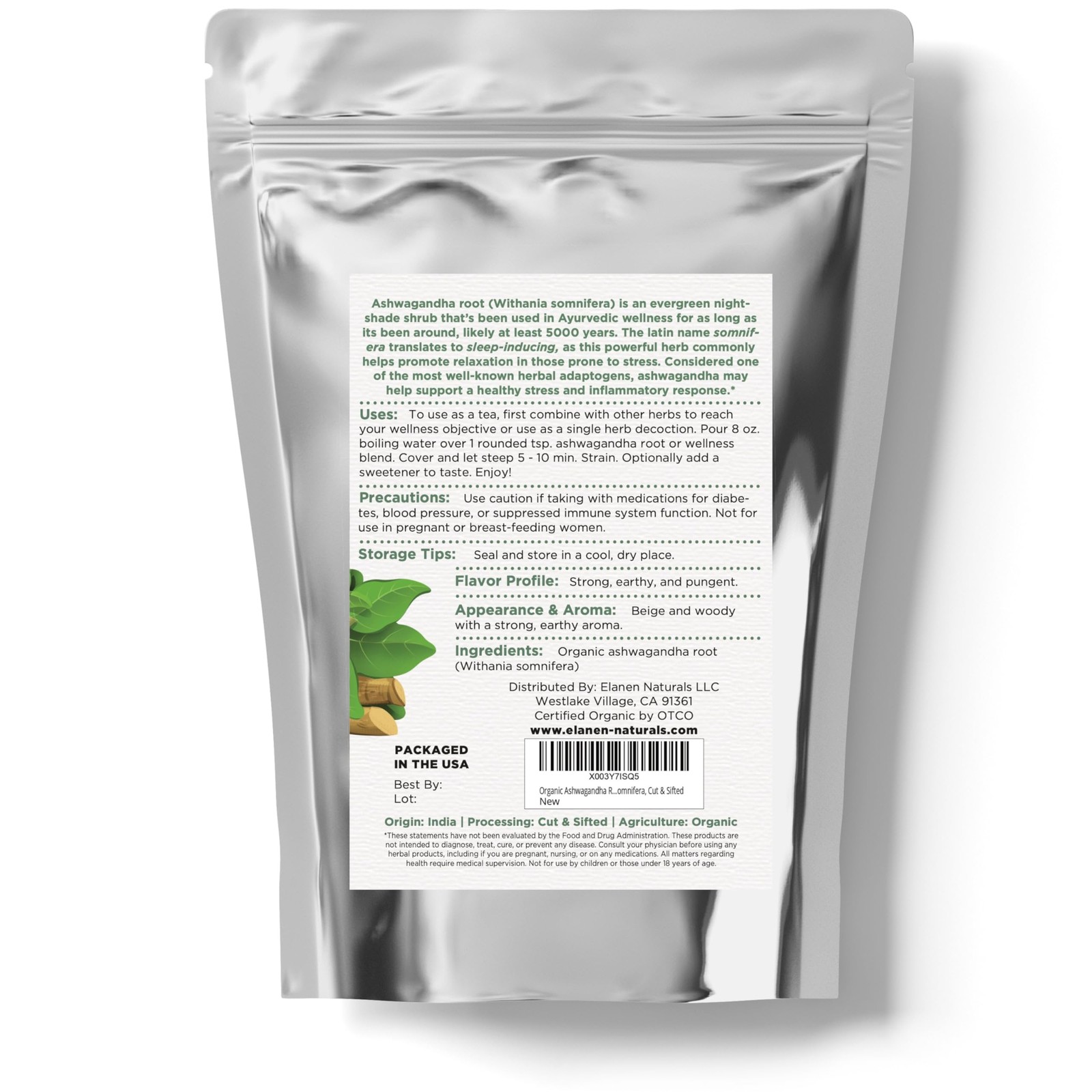 Elanen Naturals Organic Ashwagandha Root 4 oz. (113g), USDA Certified…