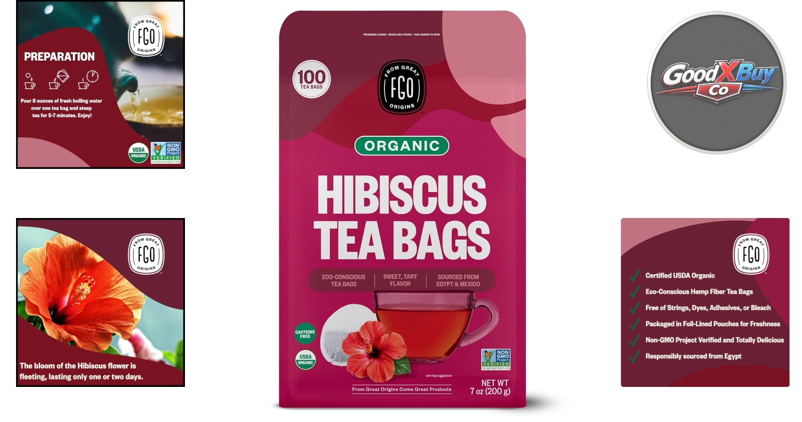 Organic Hibiscus Tea Bags 100 Count Caffeine Free Non-GMO Eco-Friendly