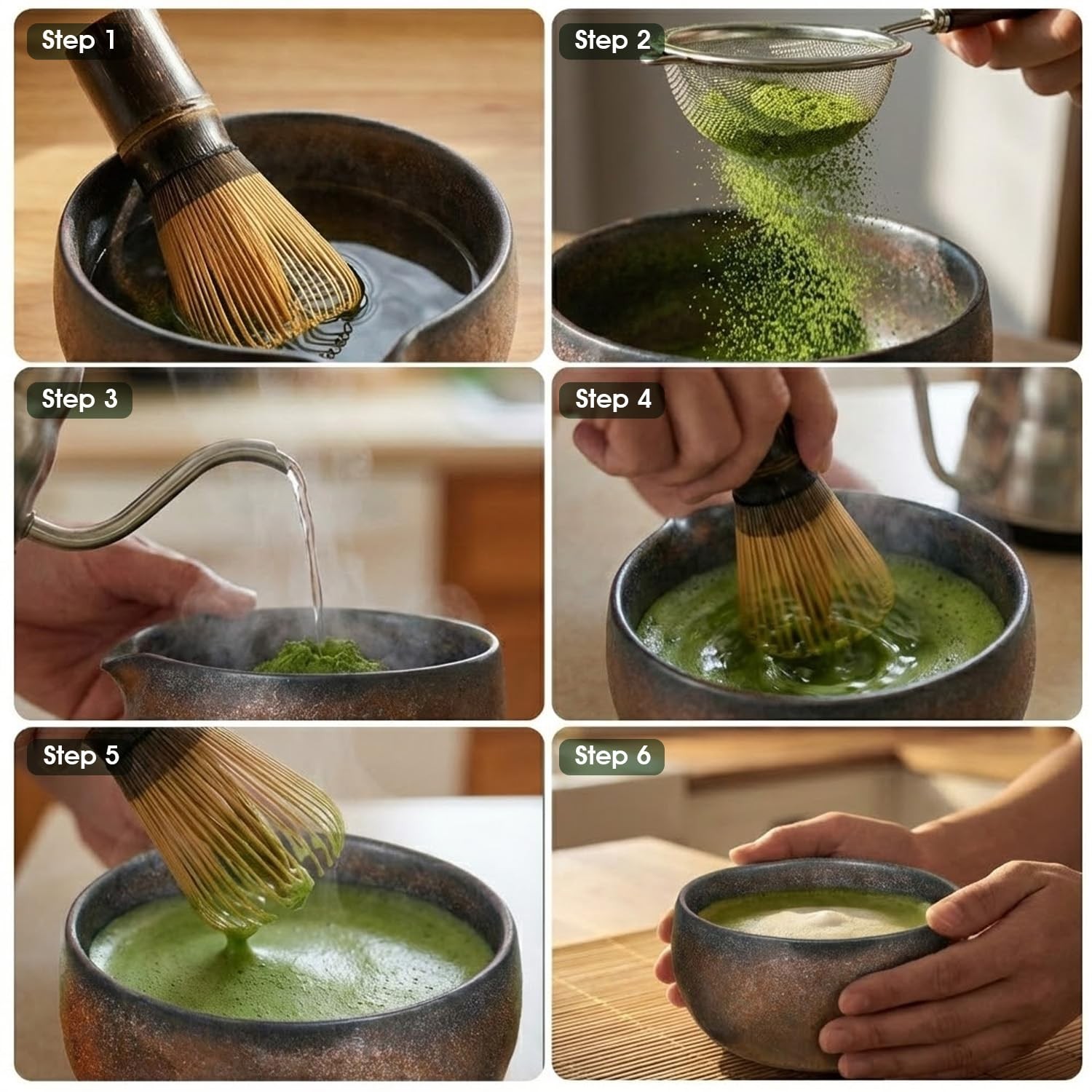 Matcha Whisk Set 7 Pc Handmade Bowl Purple Bamboo Chasen Holder Scoop Mat
