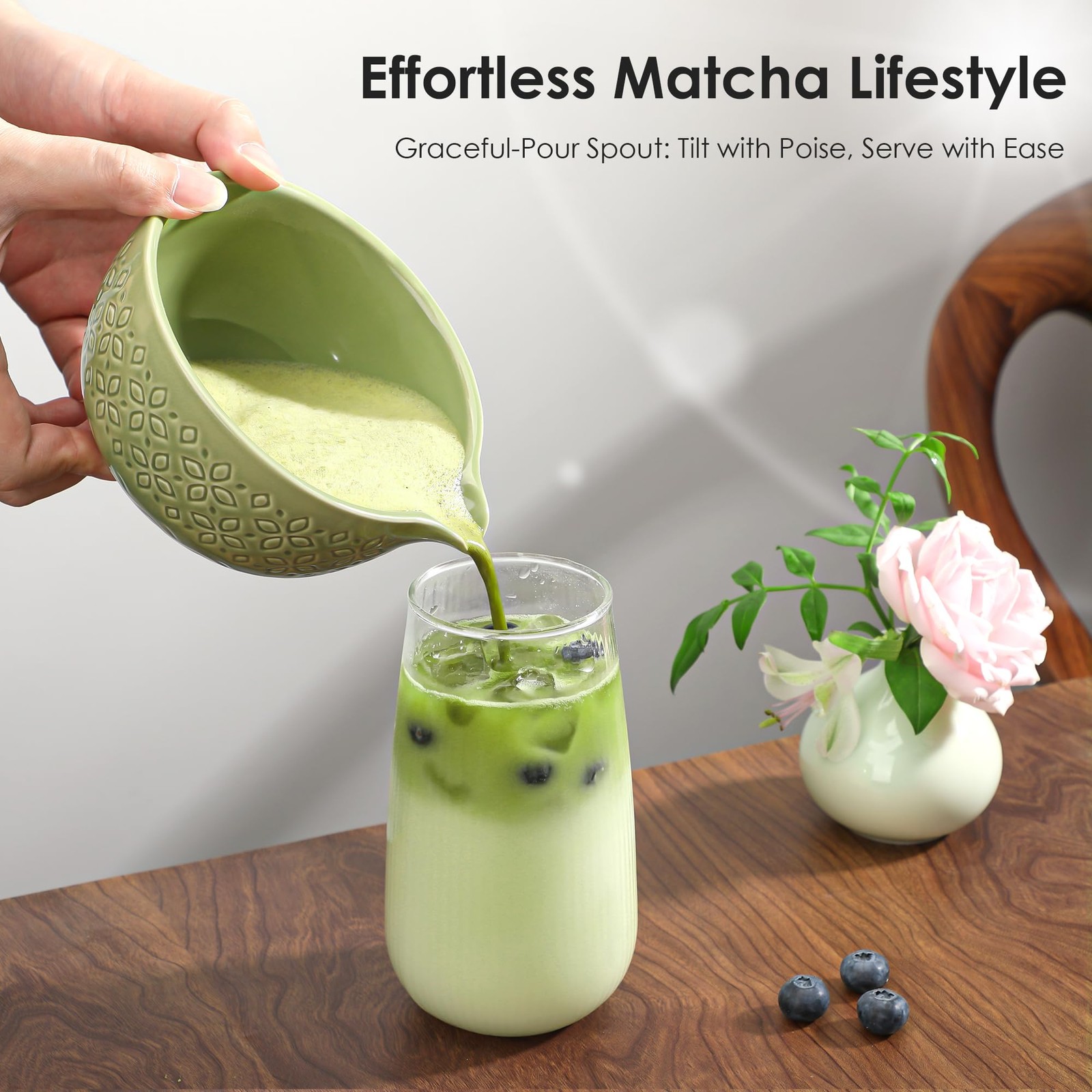 Matcha Whisk Set 7 Pc Bowl w Spout Bamboo Whisk Holder Scoop Sifter Green