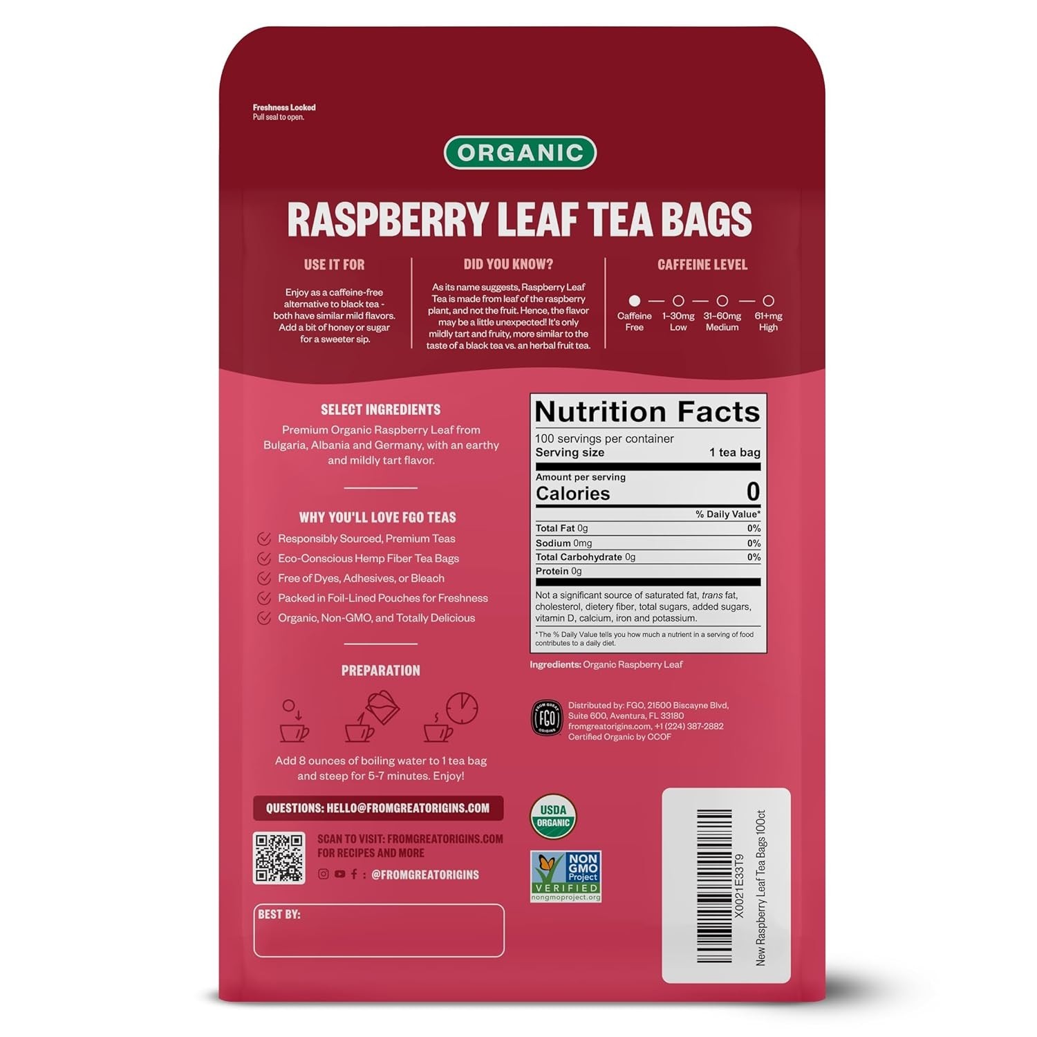Organic Caffeine-Free Raspberry Leaf Tea – 100 Eco-Conscious Tea Bags