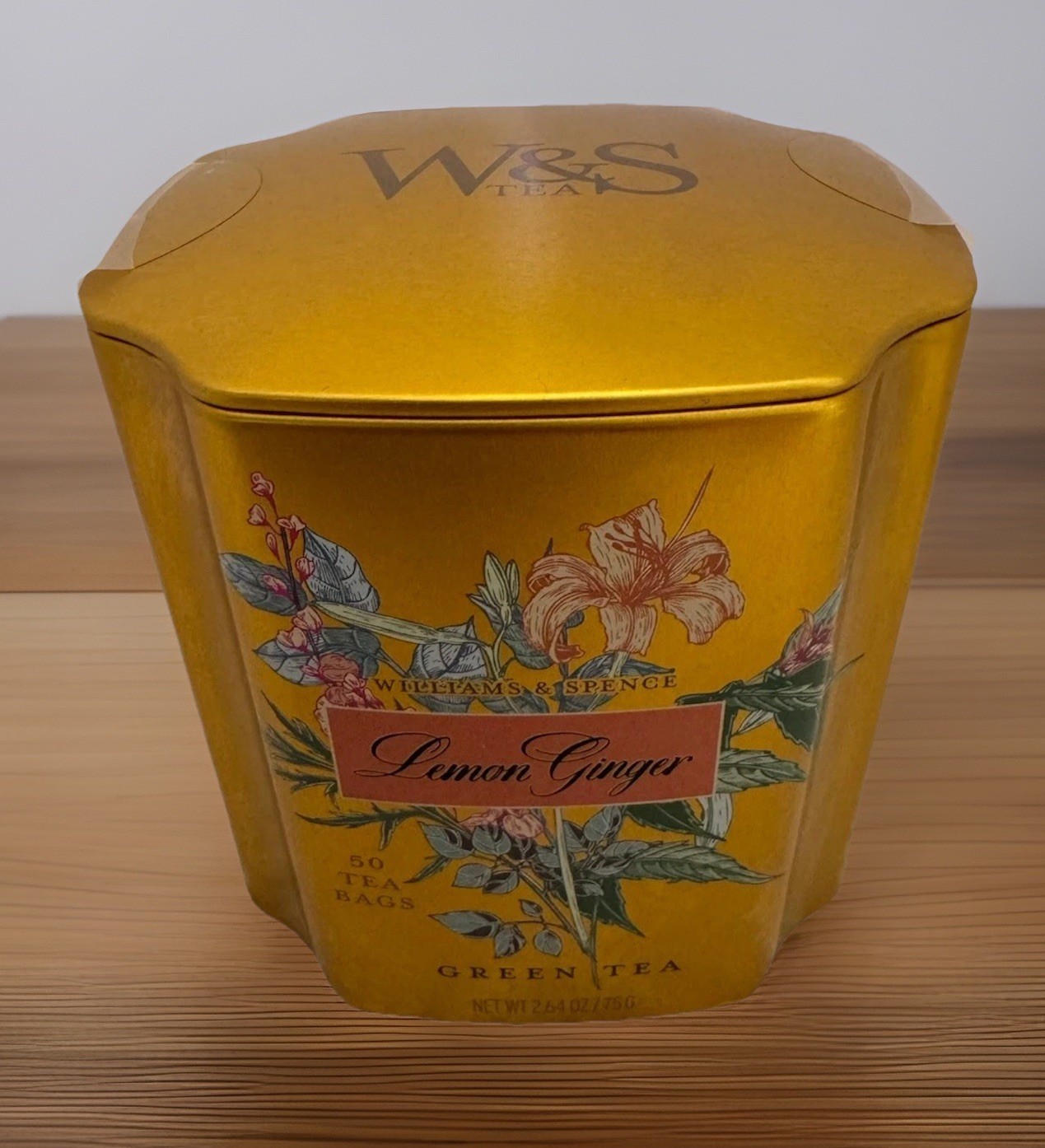 LEMON GINGER GREEN TEA 50BAGS IN BEAUTIFUL Gold Floral TIN WILLIAMS & SPENCE