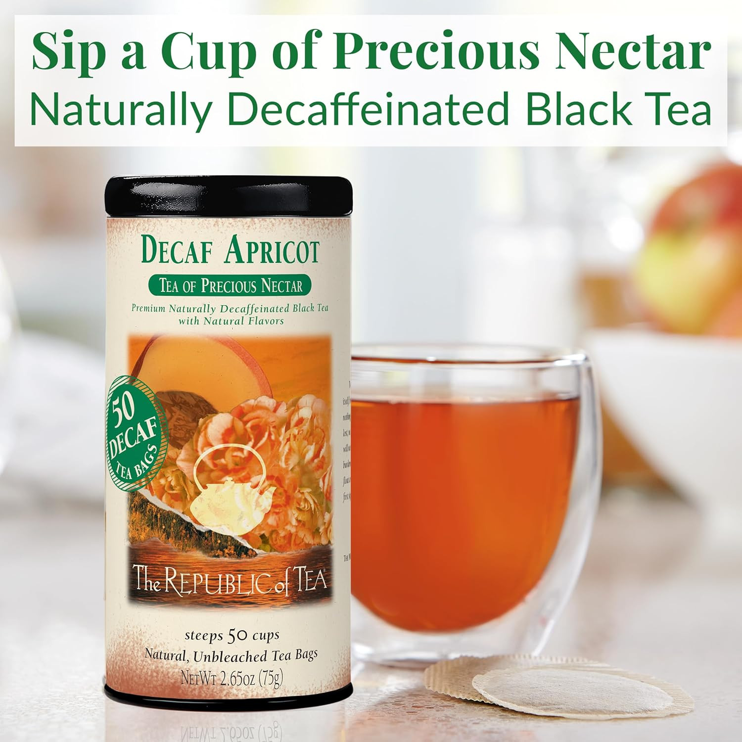 — Decaf Apricot Black Tea Tin, 50 Tea Bags, Environmentally-Friendly Decaffei…