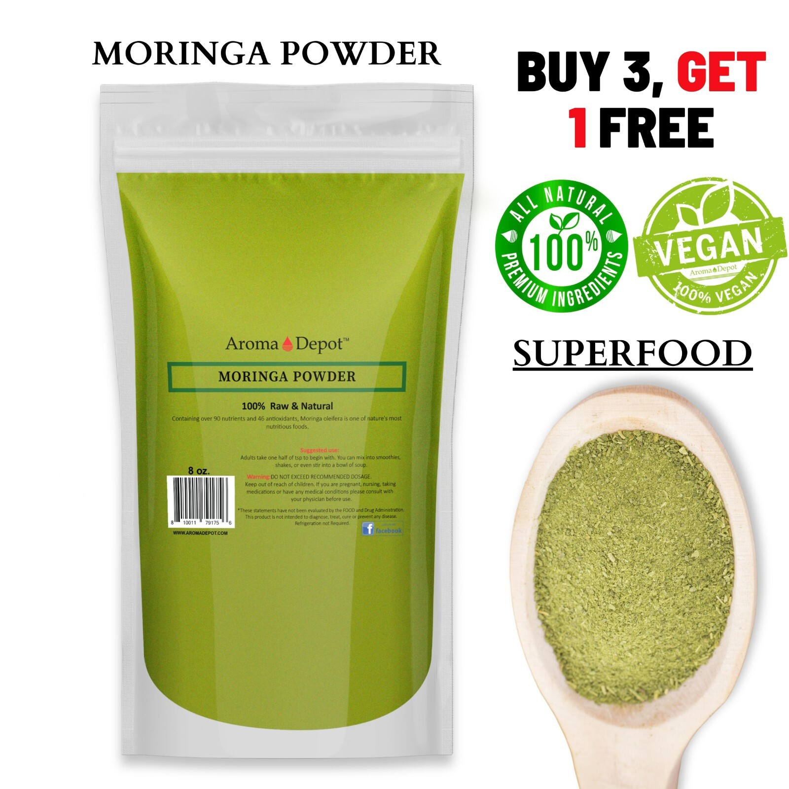 Moringa Powder 8oz. Hoja Polvo de Moringa oleifera Leaf Pure Natural Superfood