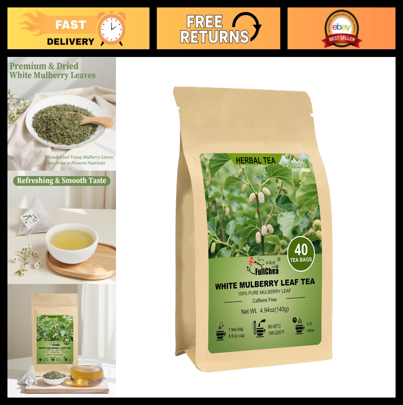 100% Pure White Mulberry Leaf Tea – 40 Teabags, Caffeine-Free, Non-GMO, Digestiv