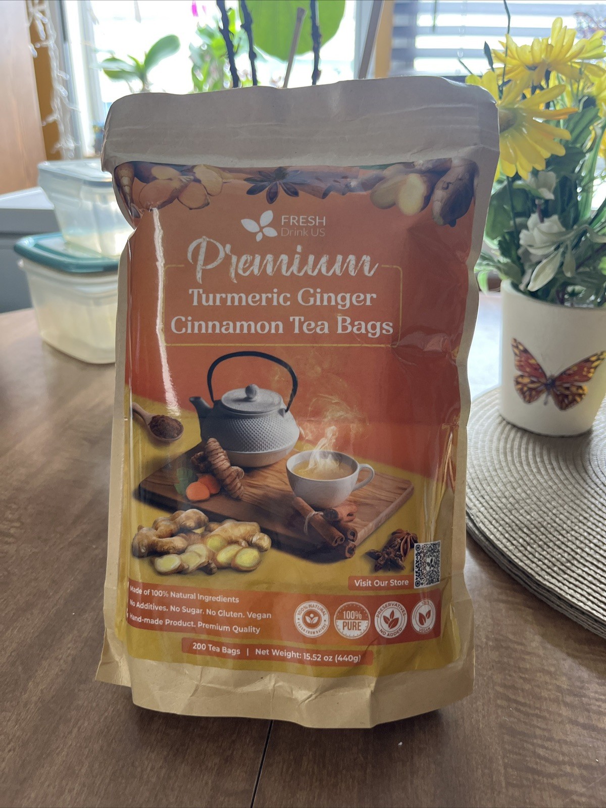 Premium 200 Turmeric Ginger Cinnamon Natural Tea Bags Pure No Additive Added