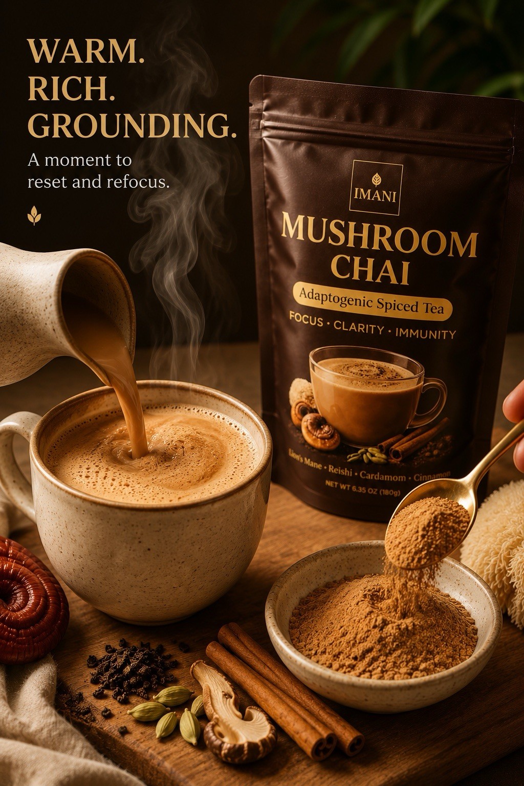 4 PACK IMANI ORGANICS Adaptogenic Mushroom Chai – Focus & Energy Blend 180g DEAL