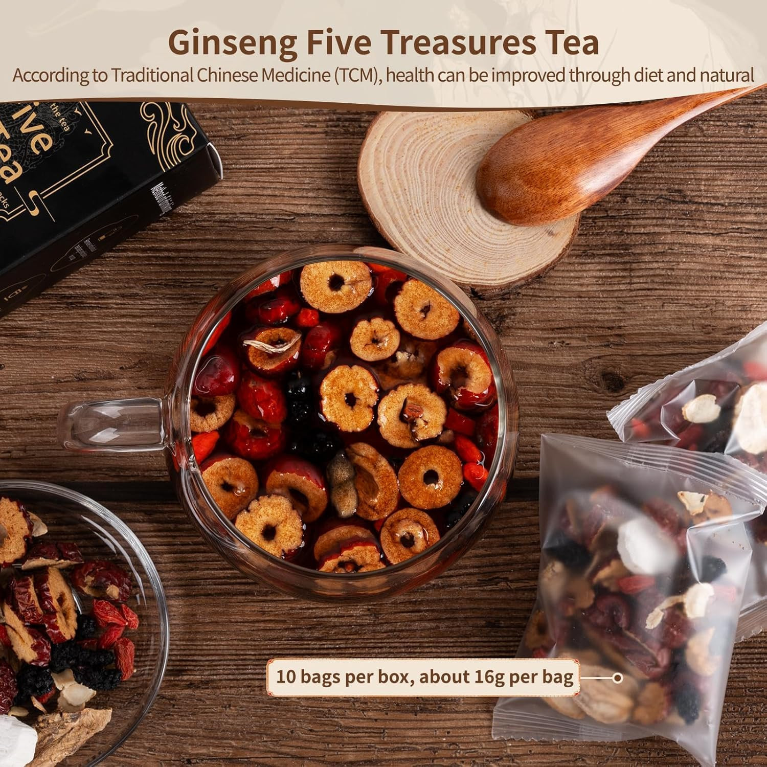 Ginseng Five Treasures Kidney Tea, Traditional Chinese Herbal Teabags, Natural K
