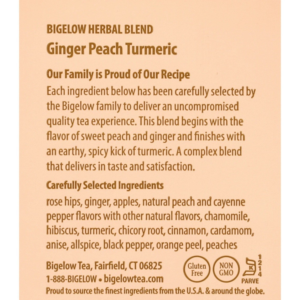 Bigelow Ginger Peach Turmeric Herbal Tea, Caffeine Free, 18 Count