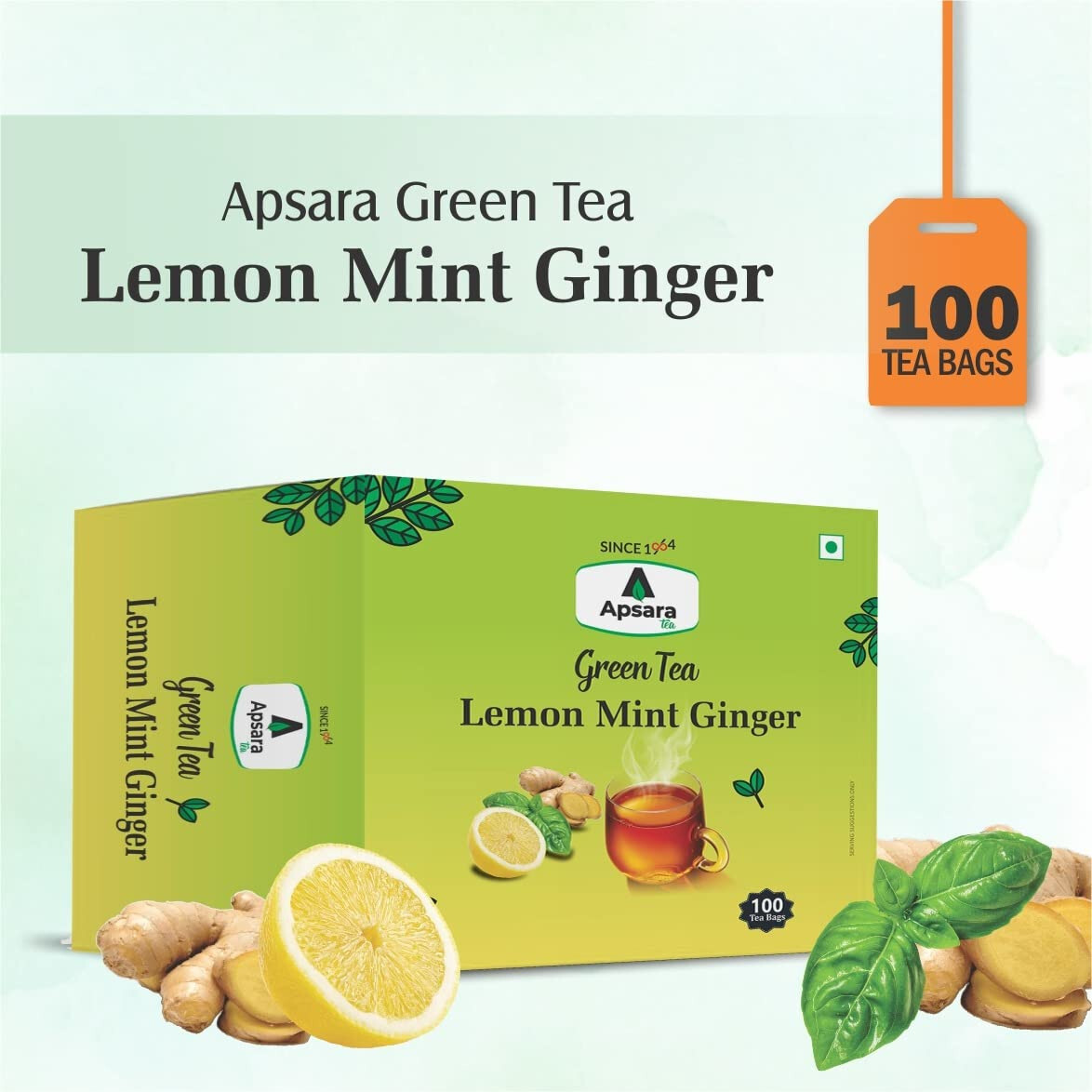 APSARA Lemon Mint Ginger Green Tea All Natural Flavour, 100 Tea Bags, 250 gram