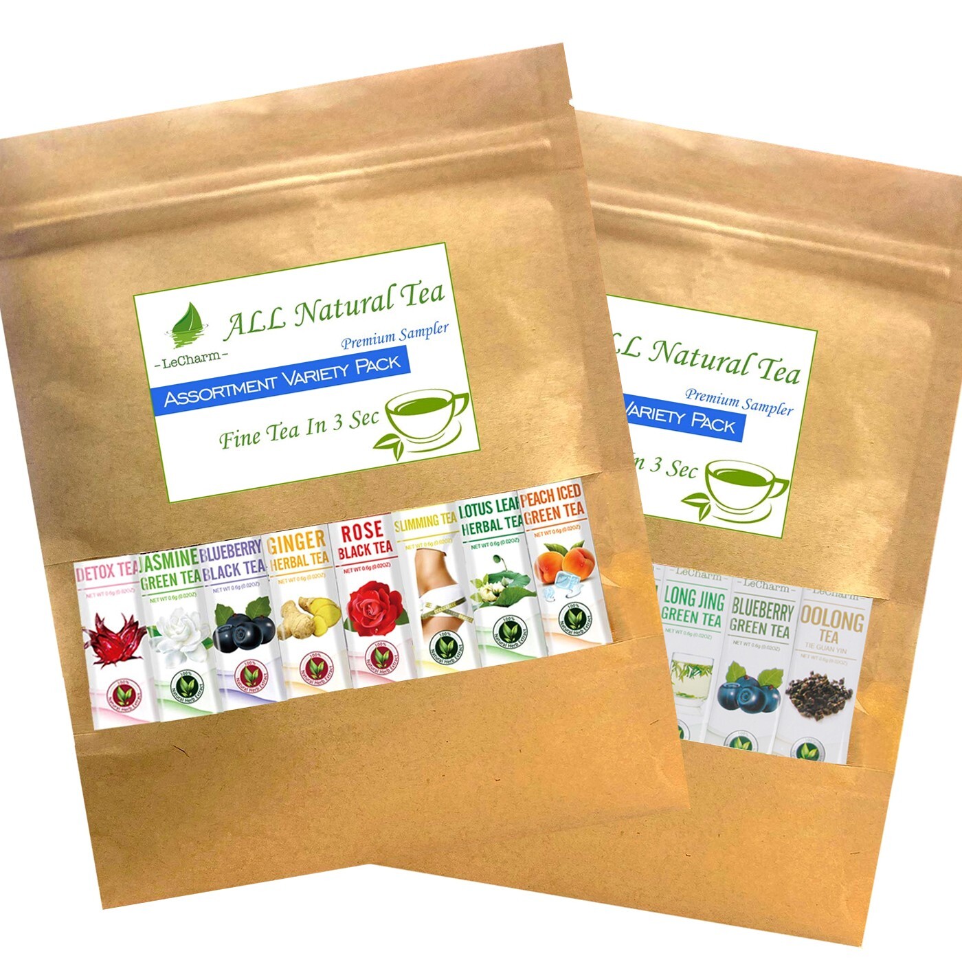 LeCharm 8-Flavor All Natural Tea Powder Mix Pack – Herbal Black Green Fruit