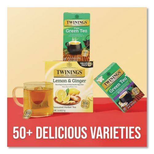 TWININGS Tea Bags, Green, 1.76 oz Filterbag, 25/Box, 2 Boxes/Pack (Total 50)