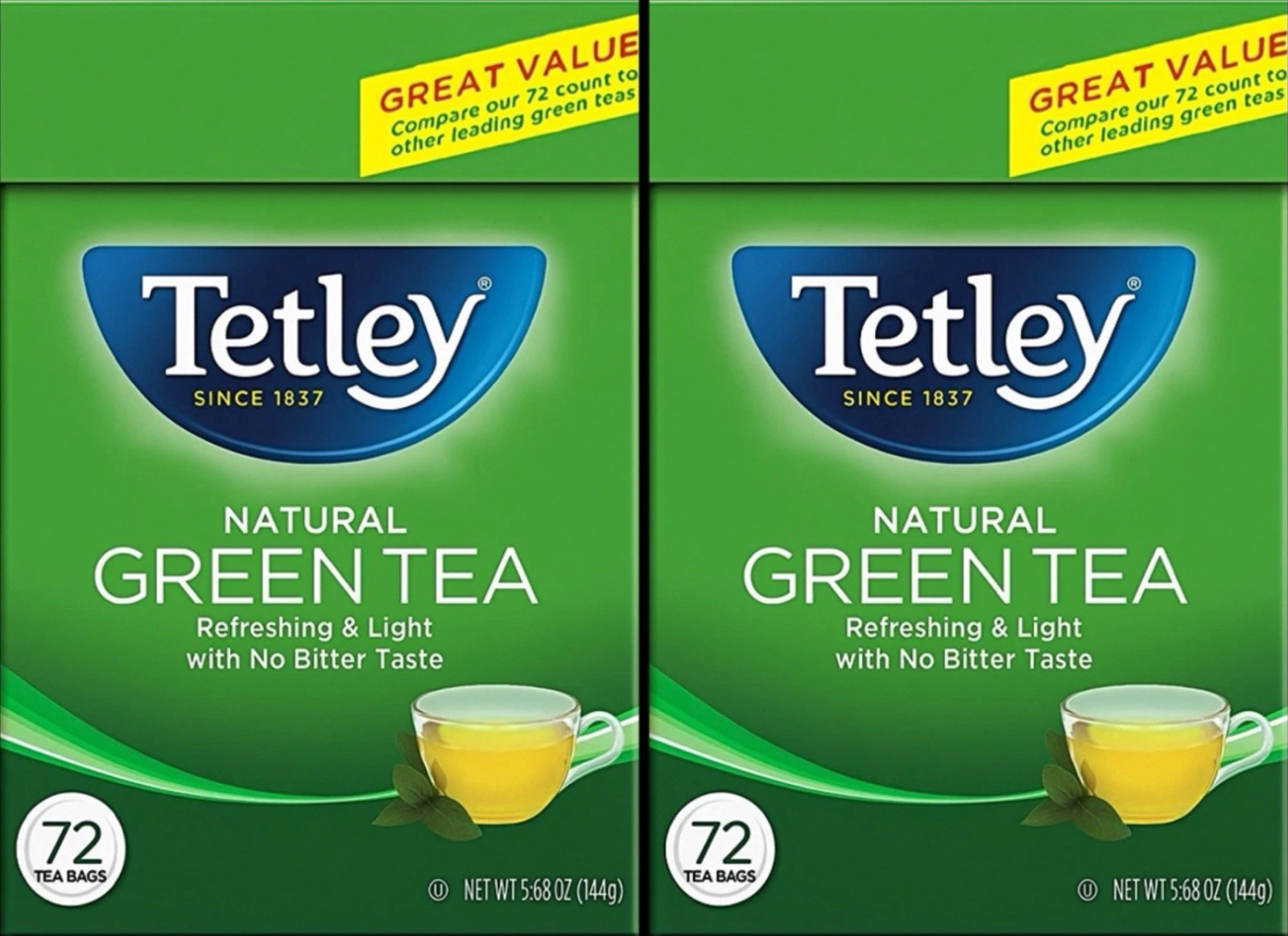 Tetley Natural Green Tea 2 Box Total 144 Bags Refreshing & light 144g EA