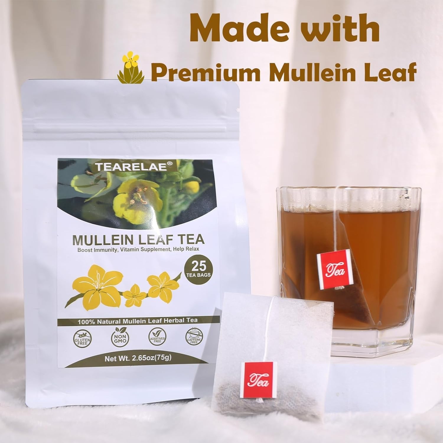 Mullein Tea Bags for Lungs 25 Count Caffeine-Free Herbal Tea Natural Support