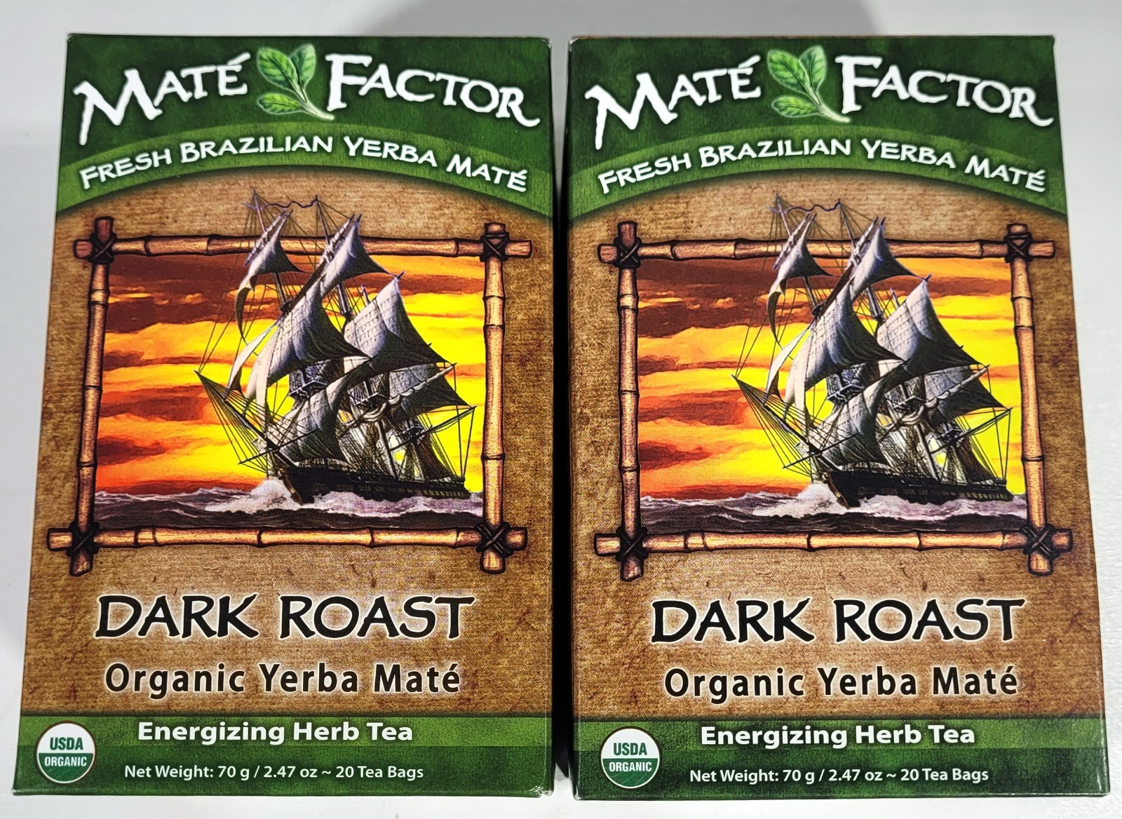Two Boxes Organic Yerba Mate, Dark Roast, 24 Tea Bags Per Box, 2.476 oz (70 g)