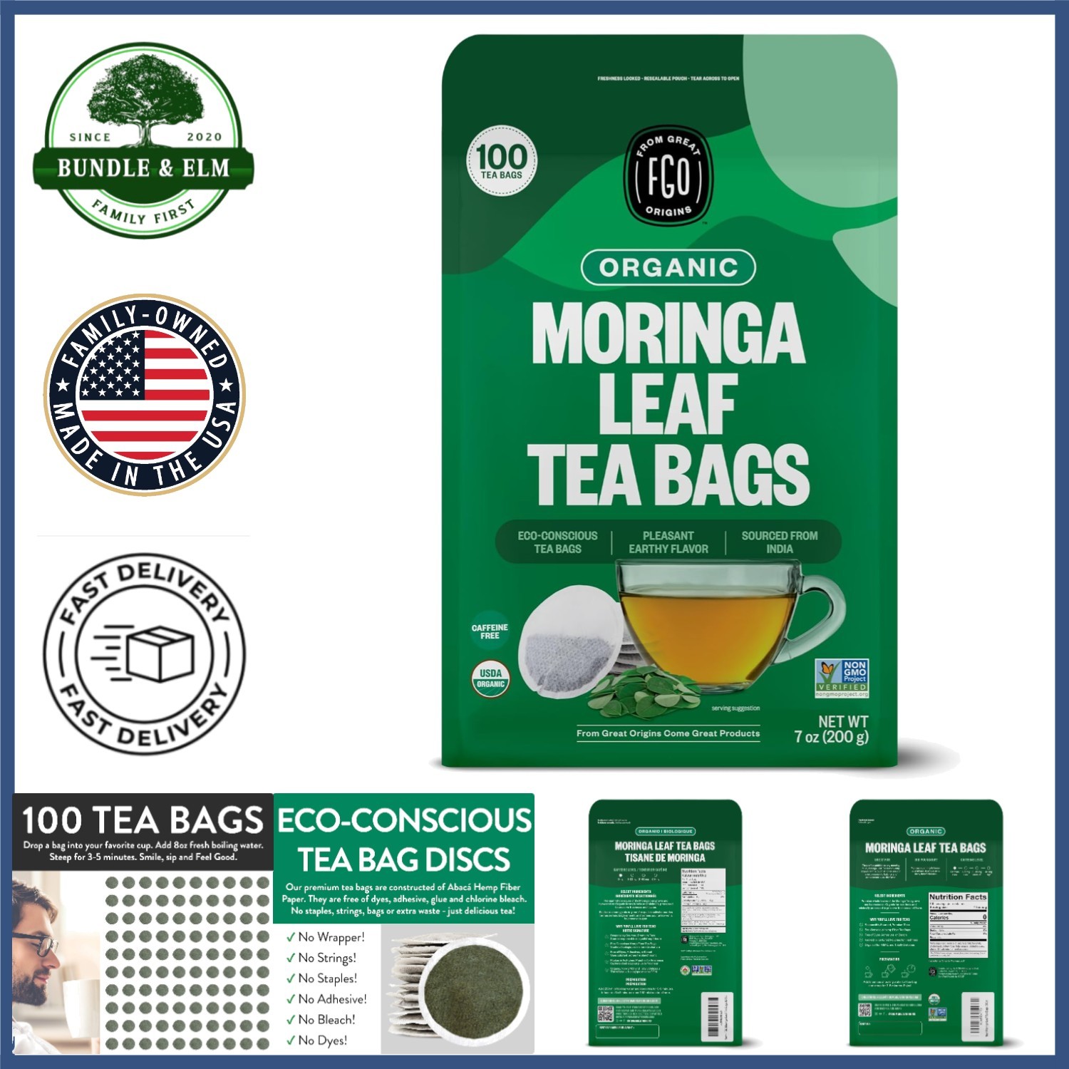 Organic Moringa Tea Bags, 100 Count for Immune Support and Detox Benefits