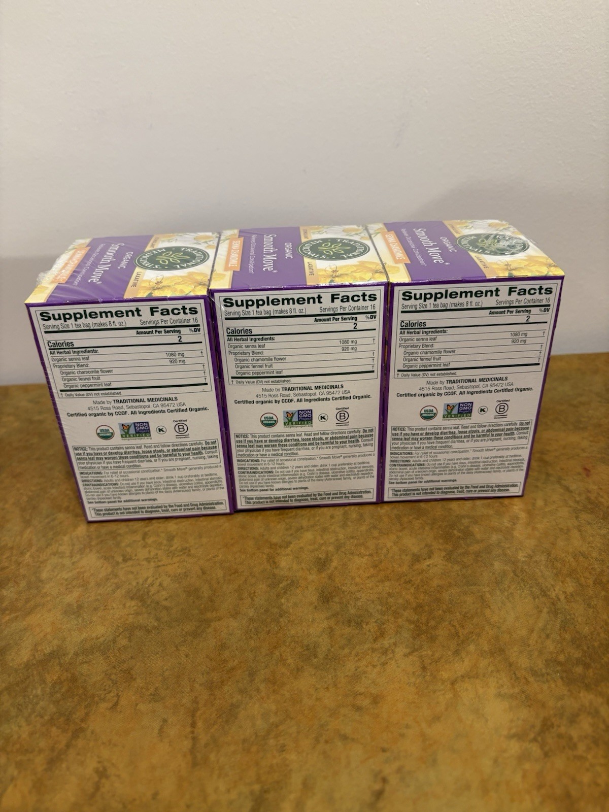 Traditional Medicinals, Organic Smooth Move, Laxative Tea Bags, 16 Ct Pack of 3
