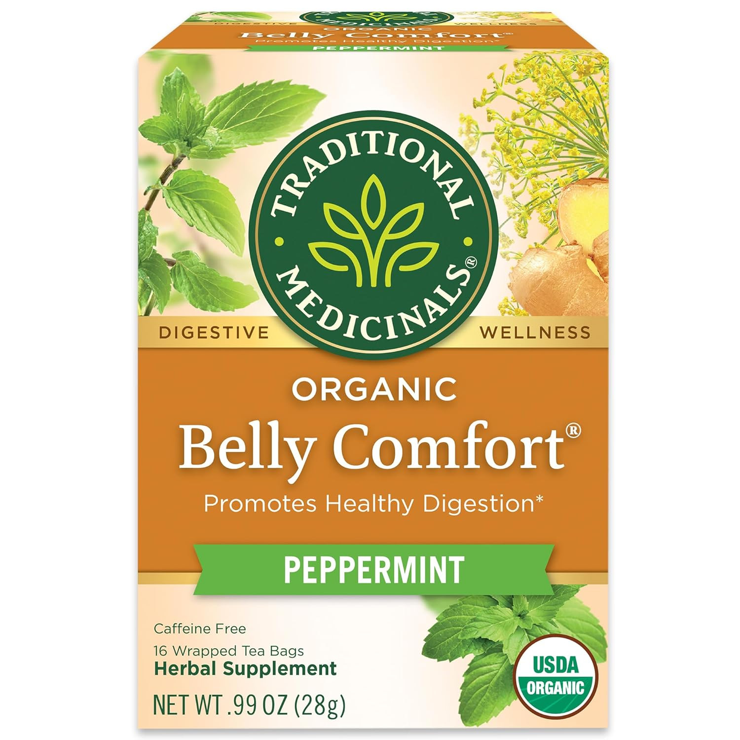 Organic Belly Comfort Peppermint Tea, Kosher, Non-Gmo, Caffeine-Free, Compostabl