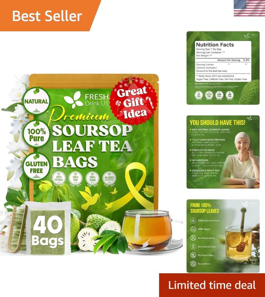 40 Soursop Graviola Leaf Tea Bags, 100% Natural and Pure from Soursop Leaves…