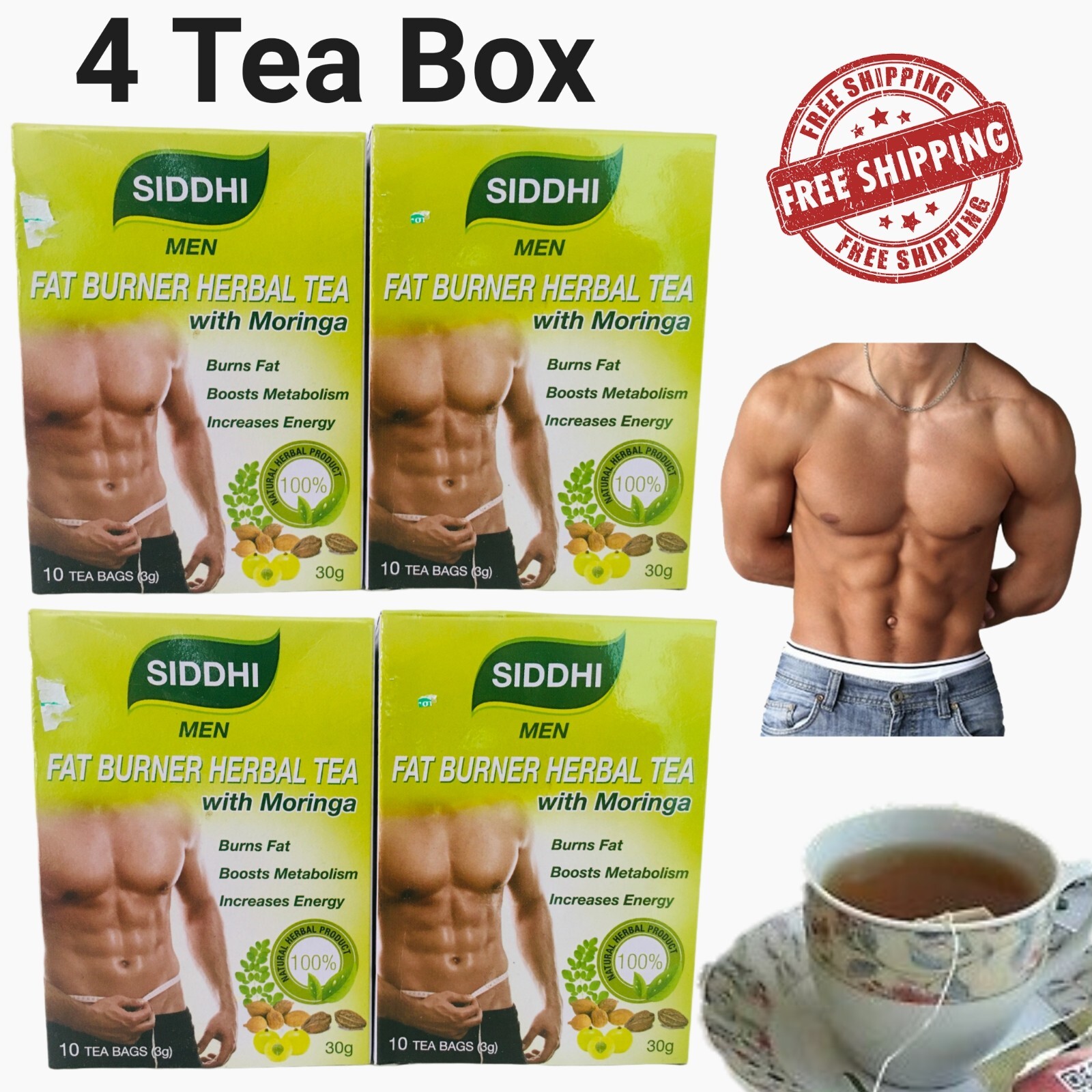 4 PACK SIDDHI Men Fat Burner Tea Herbal Moringa Weight Loss Slimming Drink