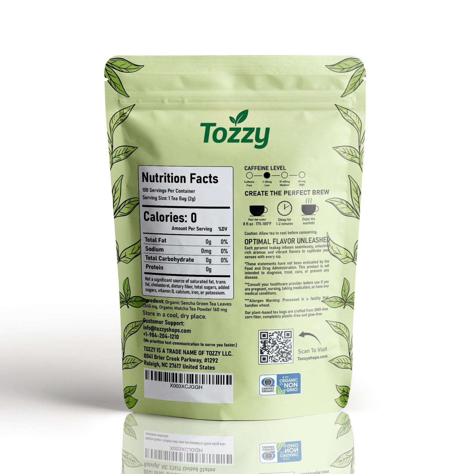 Tozzy Organic Matcha Green Tea – 100 Count, Plant-Based Pyramid Tea Bags